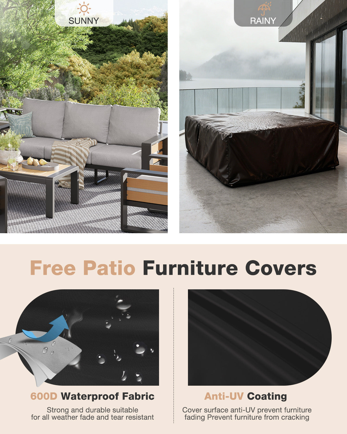 Aoxun Aluminum Patio Furniture Set, 5 Piece Luxury Outdoor Sectional with 6" Olefin Fabric Cushions, patio Conversation Sets with Coffee Table and Waterproof Cover for Backyard, Porch Dark Grey