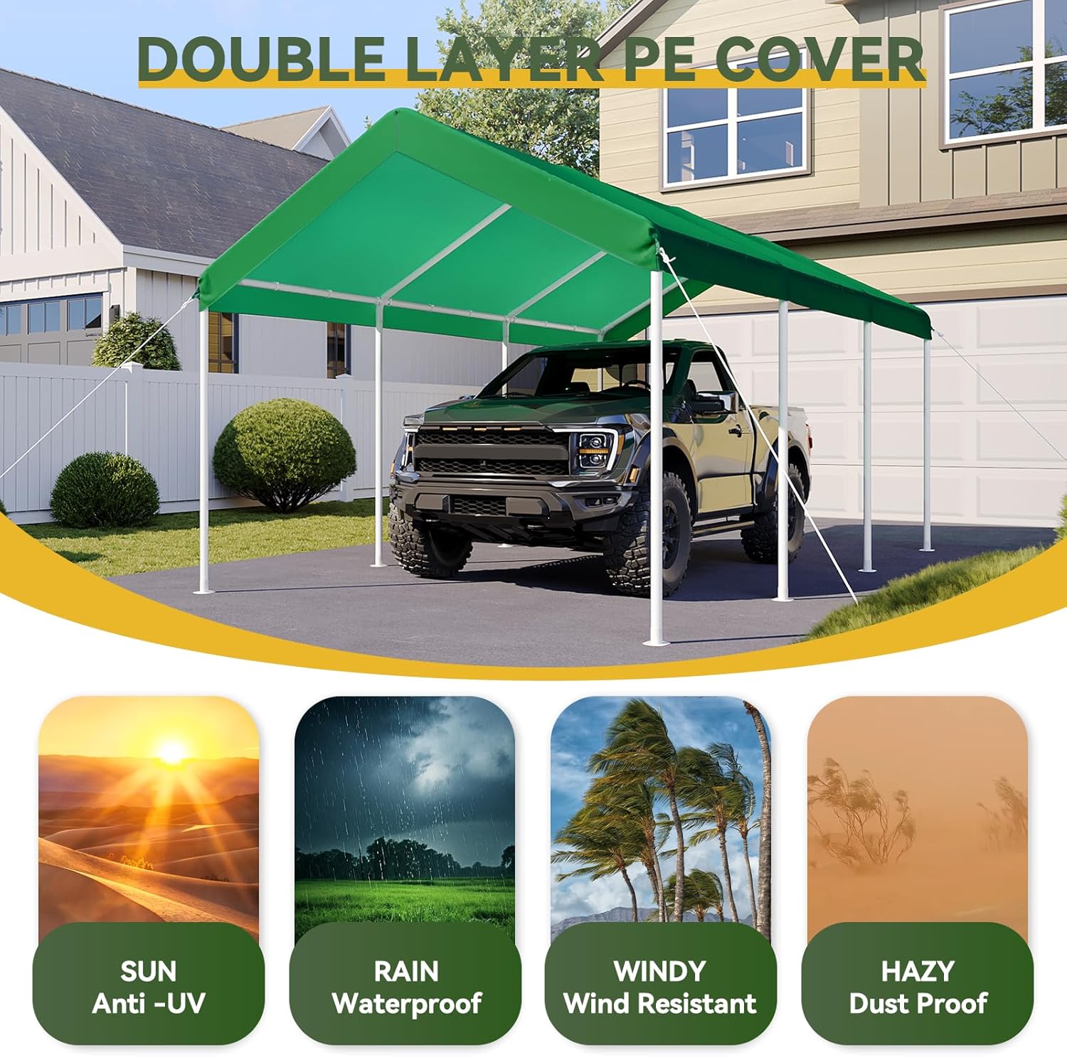 Aoxun 10x20 ft Heavy Duty Carport with Tarp & Wind Resistance Portable Carport Car Tent Outdoor Car Port with Tear Resistant Canopy, No Sidewall - Light Green