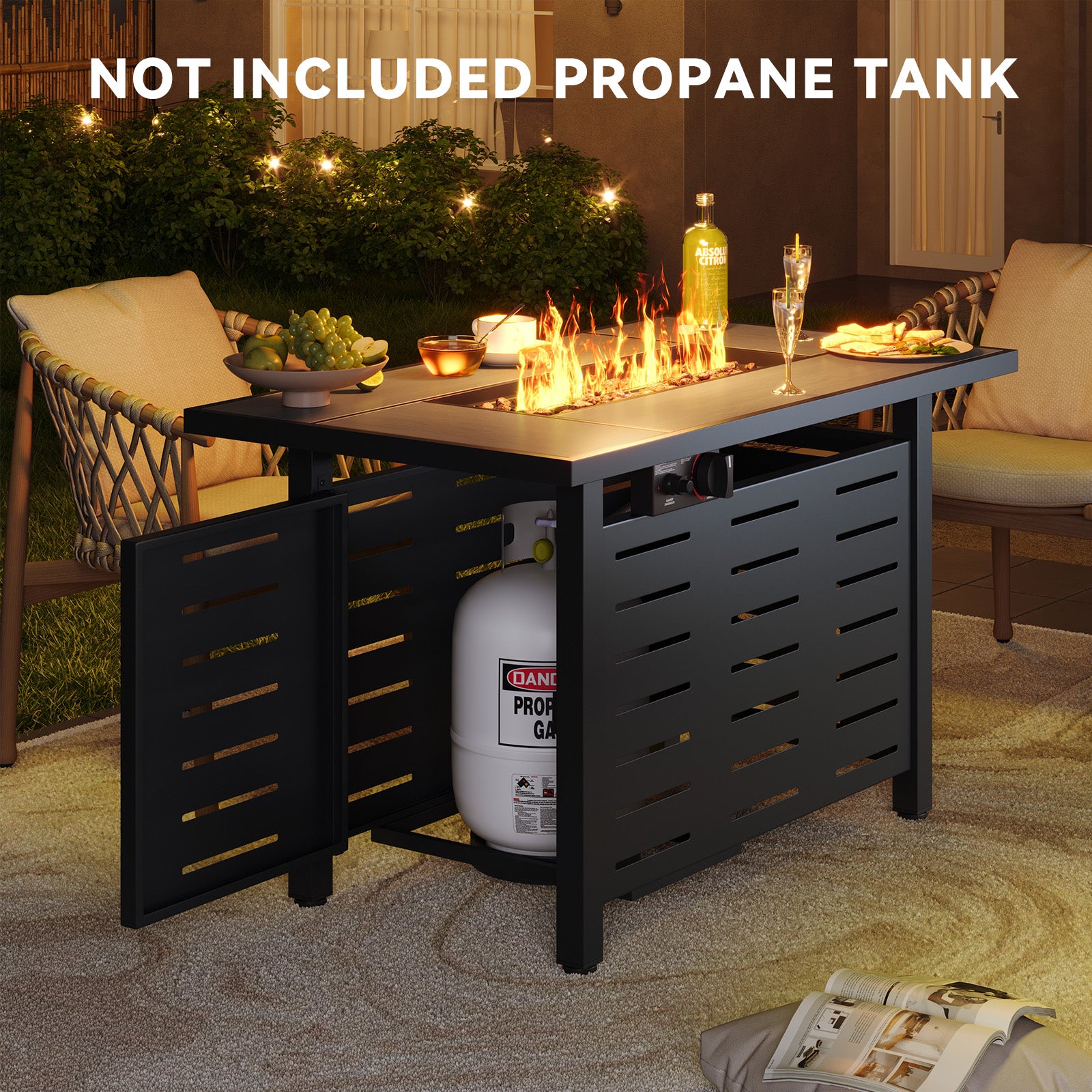 Aoxun 42" Propane Fire Pit Table, 60000 BTU Outdoor Patio Heater with Ceramic Top & Lava Rocks, Rectangle Gas Fire Pits for Outside Patio with Removable Lid, Black