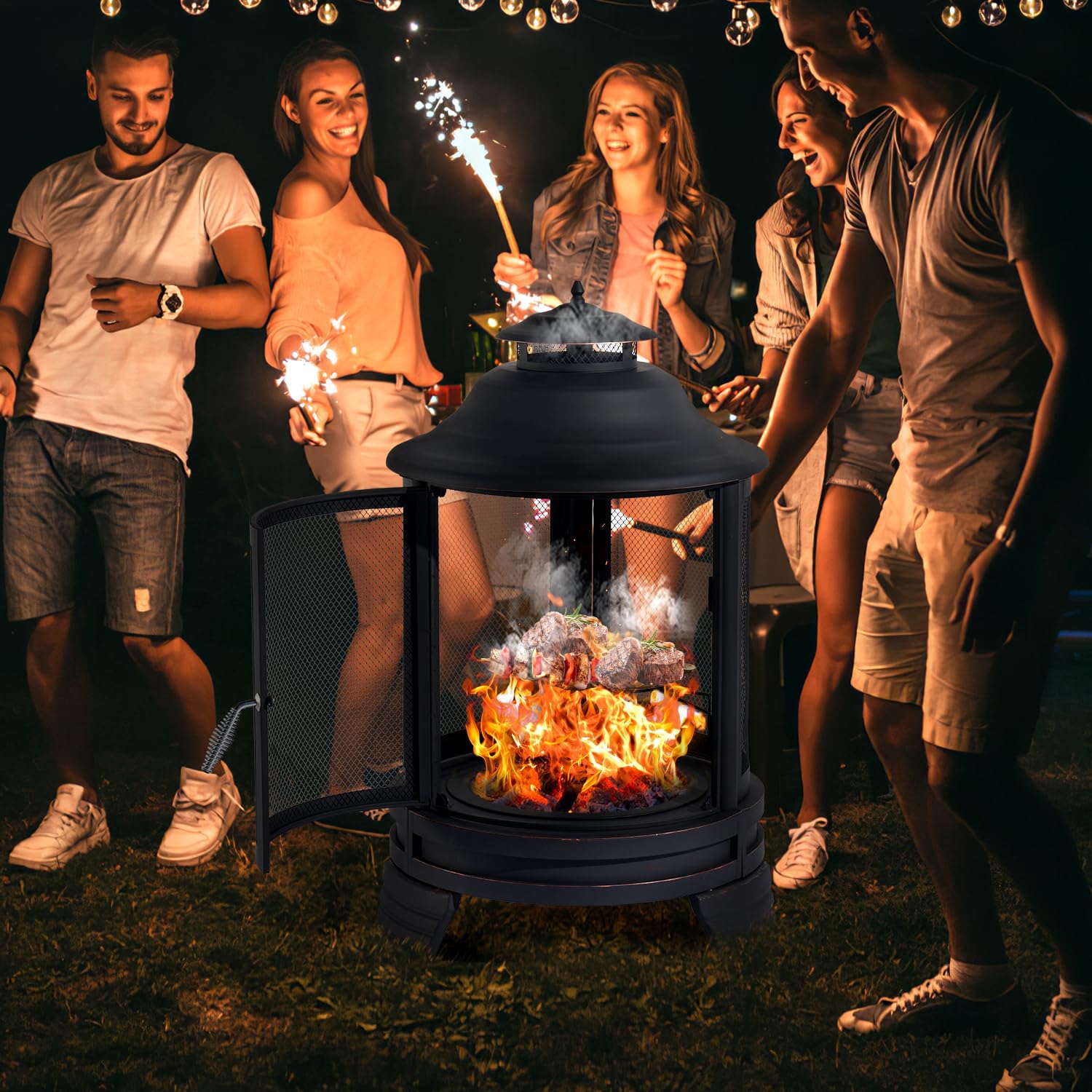 Fire Pit with Cooking Grate Grill, Outdoor Wood Burning Fire Pit with Cover & Fire Poker