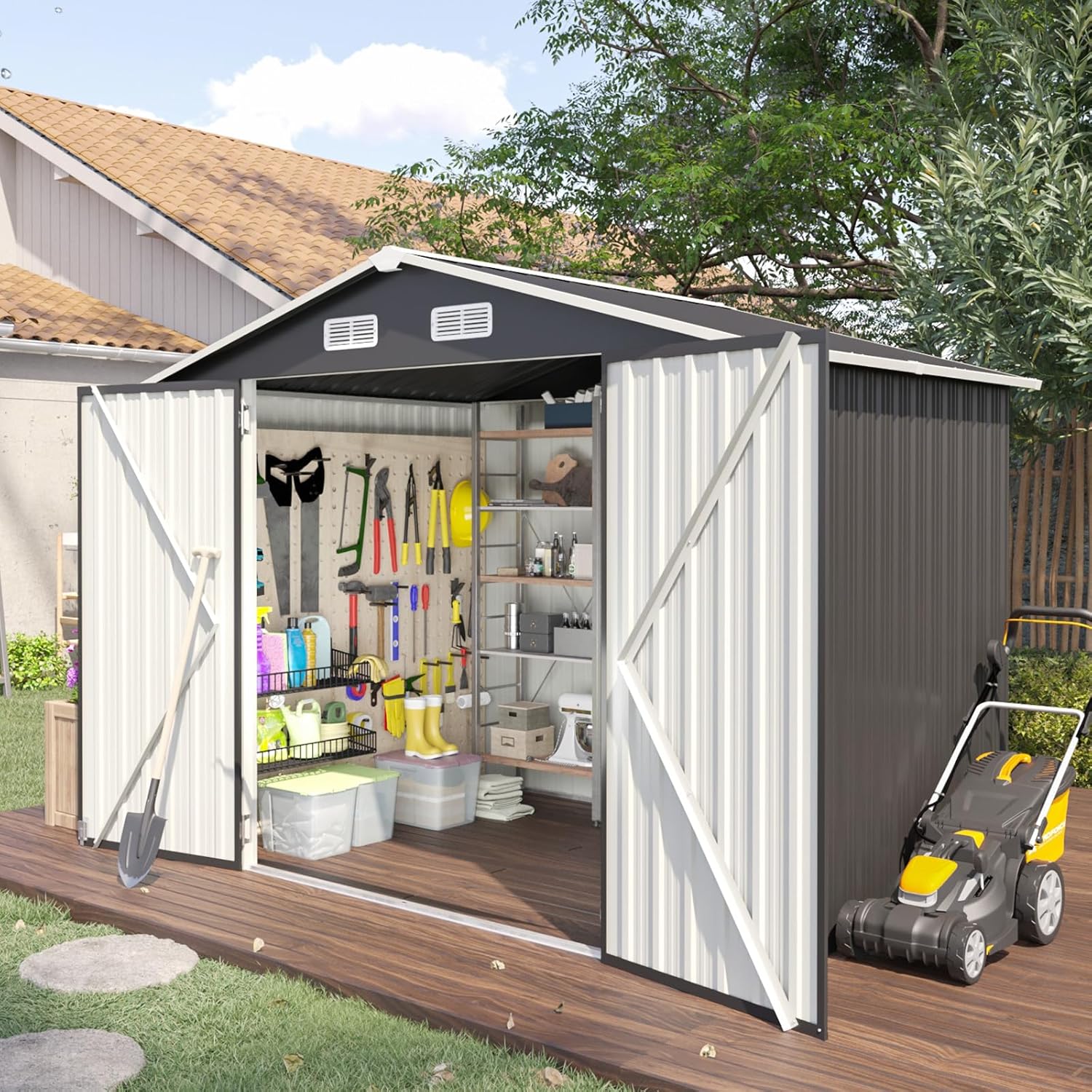 Utility Metal Shed, Steel Tool Shed with Air Vent and Lockable Door