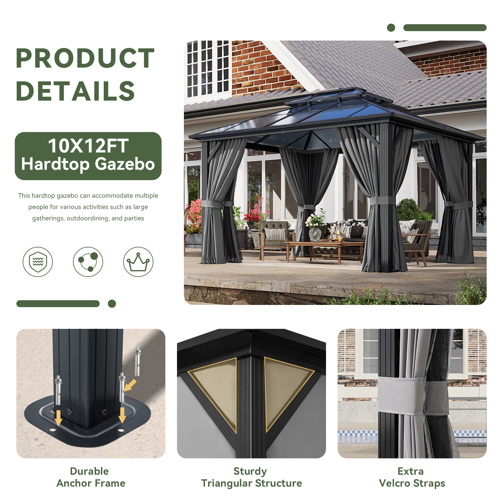 10'x12' Hardtop Gazebo, Aluminum Frame Permanent Pavilion with Curtains and Netting, Outdoor Polycarbonate Double Roof Canopy, Designed for Garden, Lawns, Patio