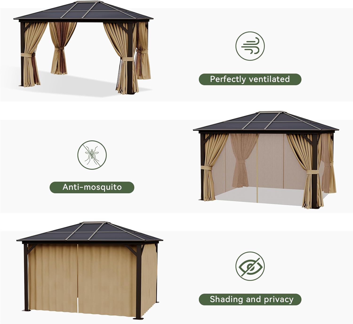 Aoxun 10' x 12' Gazebo Single Polycarbonate Top, Outdoor Aluminum Frame Permanent Gazebo with Curtains and Netting, for Patio, Party, Backyard, Garden and Lawn