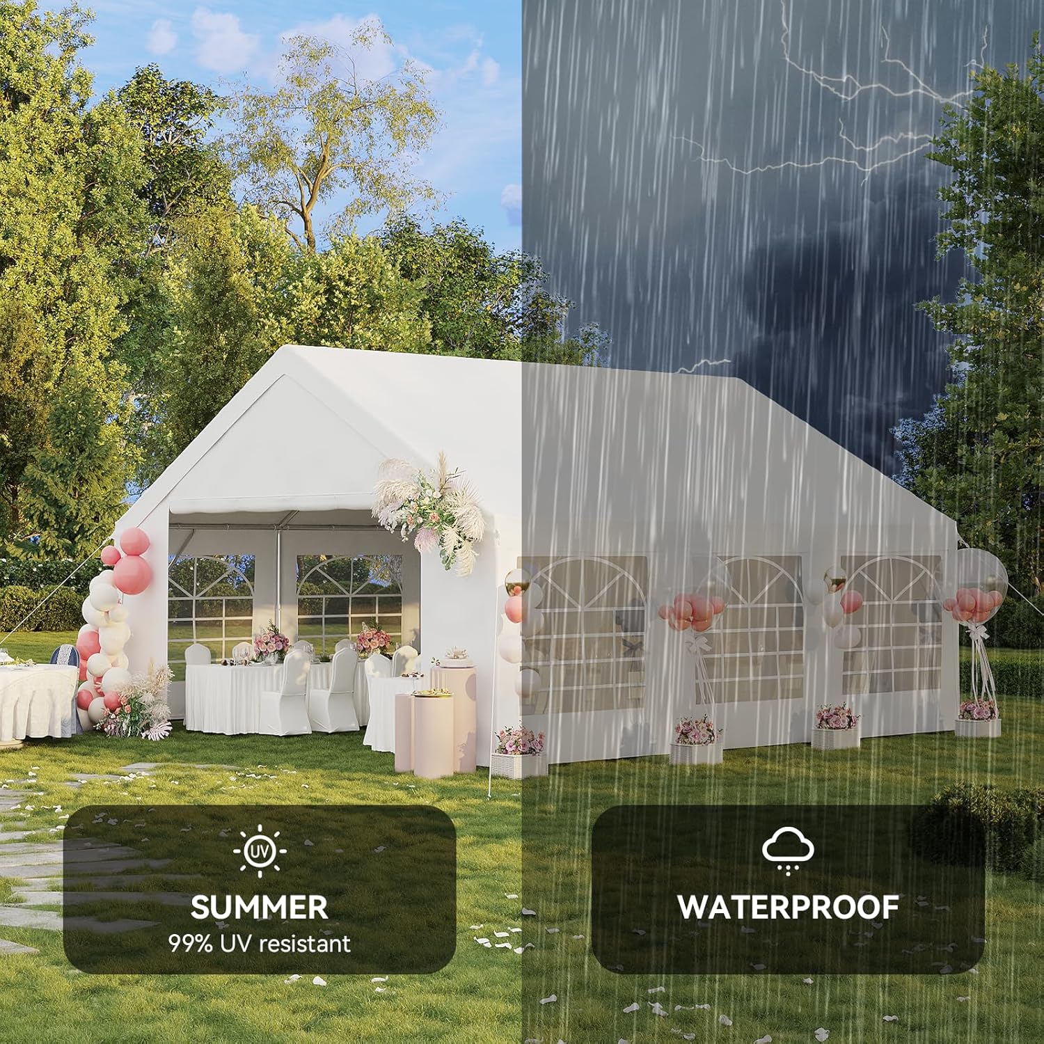 Aoxun Party Tent Canopy for Weddings Waterproof Event Tent with Removable Sidewalls &Roll-up Door, Heavy-Duty Steel Frame for Outdoor Weddings, BBQ, Birthday Parties, & Camping,White