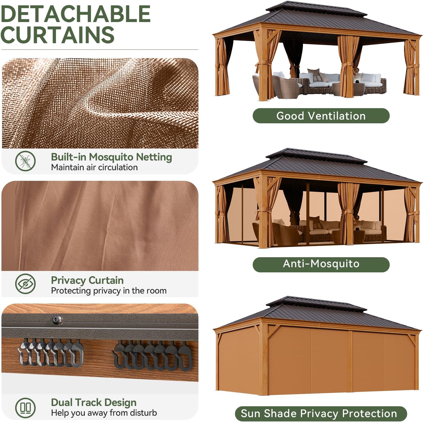 Wood Grain Hardtop Gazebo with Rain Gutter