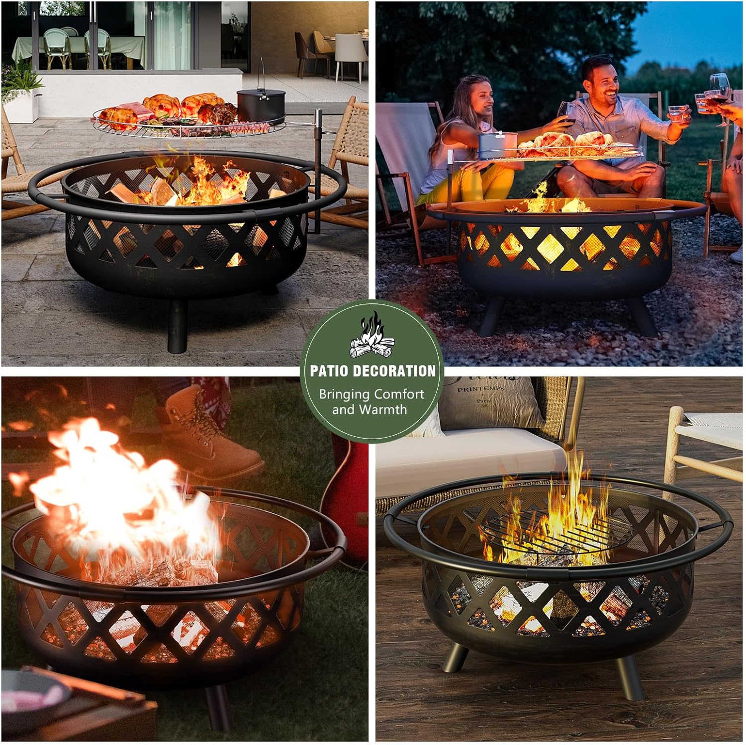 Fire Pit with Cooking Grate Grill, Outdoor Wood Burning Fire Pit with Cover & Fire Poker