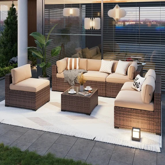Aoxun 7 Piece Patio Furniture Set Wicker Rattan Patio Conversation Set Outdoor Sectional Sofa Set with Coffee Table and 4” Thickened Cushions, Beige(Waterproof Cover Included)