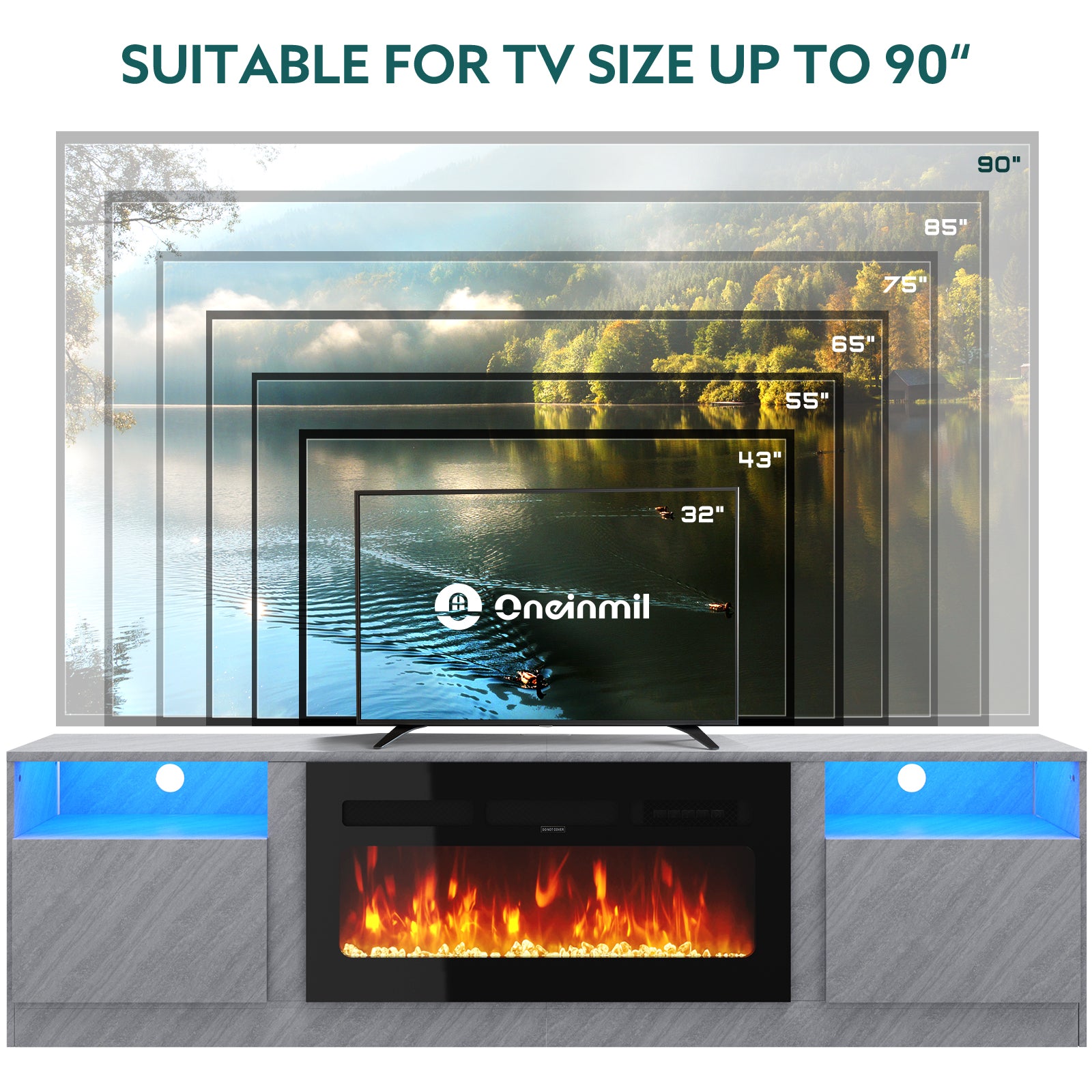 Fireplace TV Stand for TVs up to 90", 80" TV Stand with 36" Electric Fireplace, With 12 Color LED Lights Entertainment Center, Black