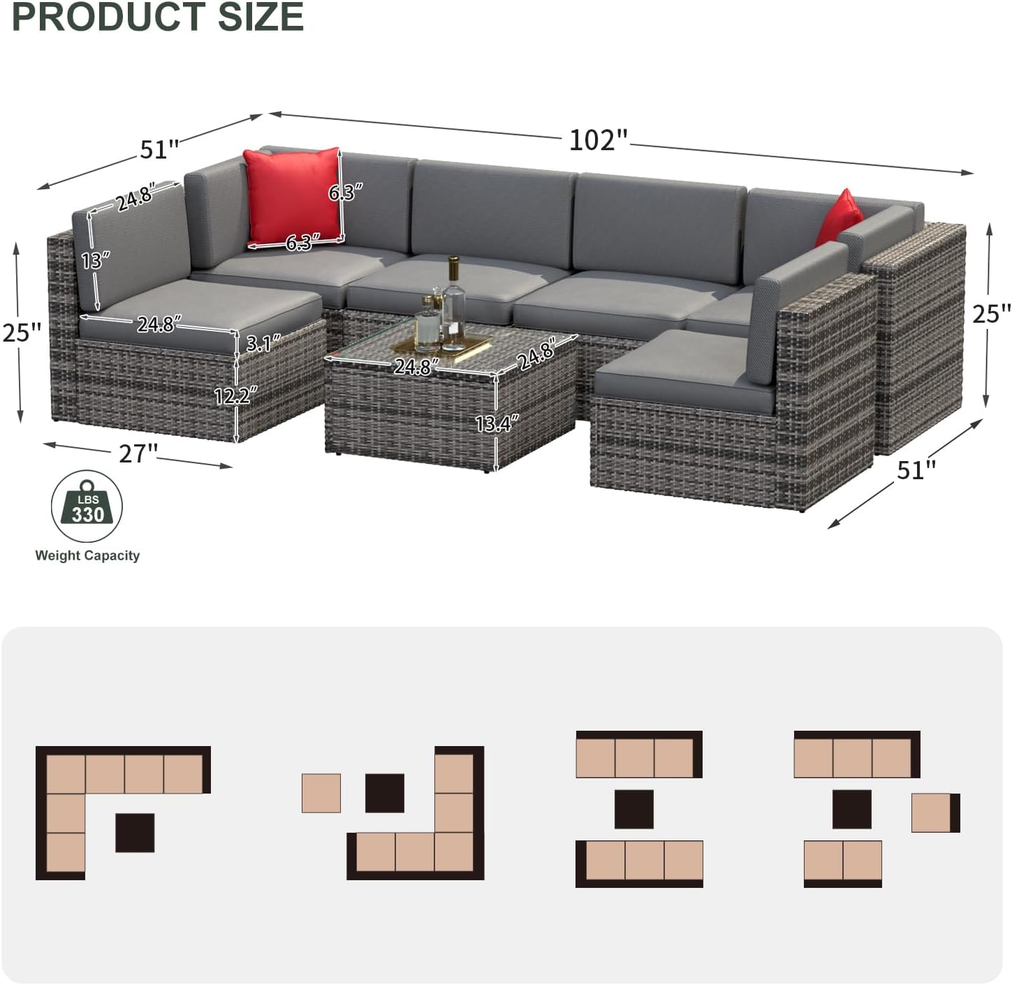 7-Piece Outdoor Patio Furniture Set, Conversation Set, Sectional Sofa with Cushions, Gray