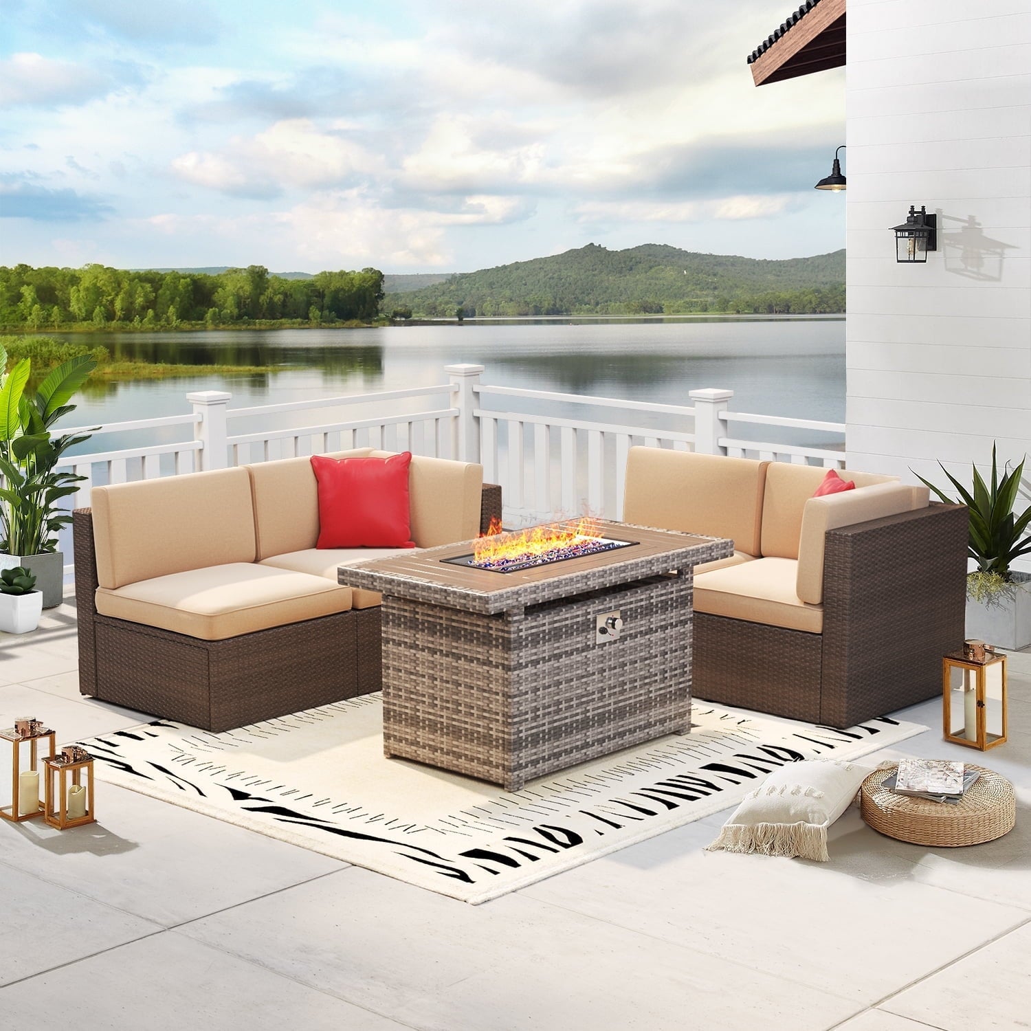 5 Piece Outdoor Patio Conversation Set with 44-inch Fire Pit Table,Outdoor Furniture Sectional Wicker Sofa Set with Beige Cushions