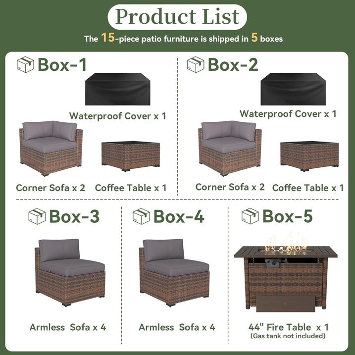 Aoxun 15 Piece Patio Furniture Set with 44” Fire Pit Table Wicker Rattan Outdoor Sectional Sofa Set with Coffee Table and 4” Thickened Cushions, Gray (Waterproof Cover Included)