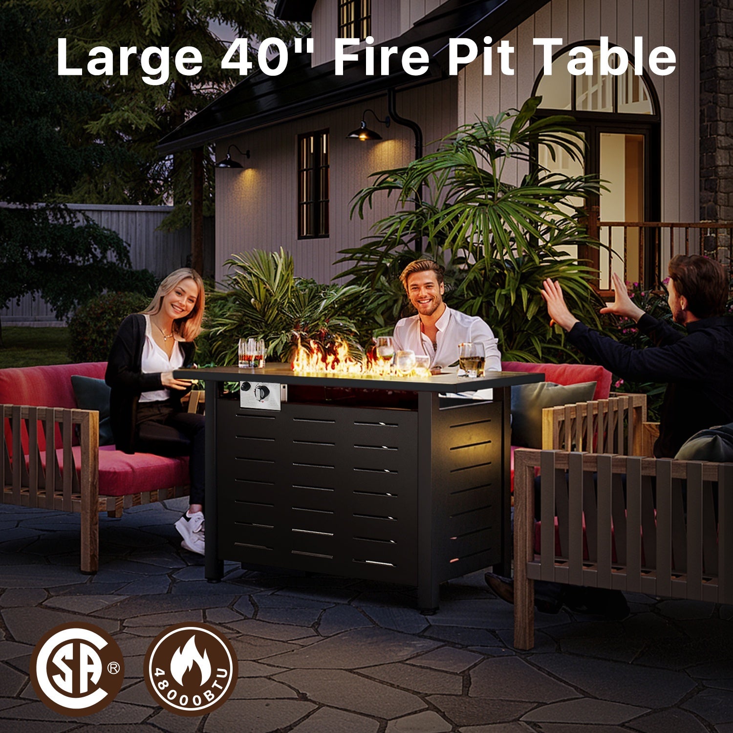 40" Propane Fire Pit Table, 50,000 BTU Auto Ignition Steel Gas Fire Pit with Removable Lid & Waterproof Cover for Patio, Backyard, Black