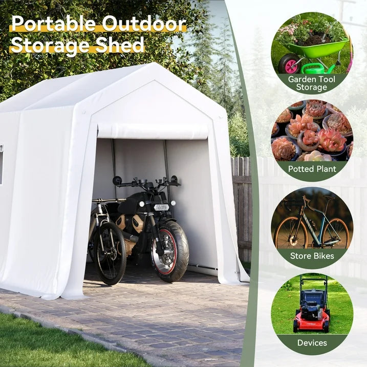 Aoxun 6x8 FT Portable Carport Shed, Waterproof Outdoor Storage Tent with Zipper Door for Garden Tools, Bicycle, Motorcycle, Generator Cover, White