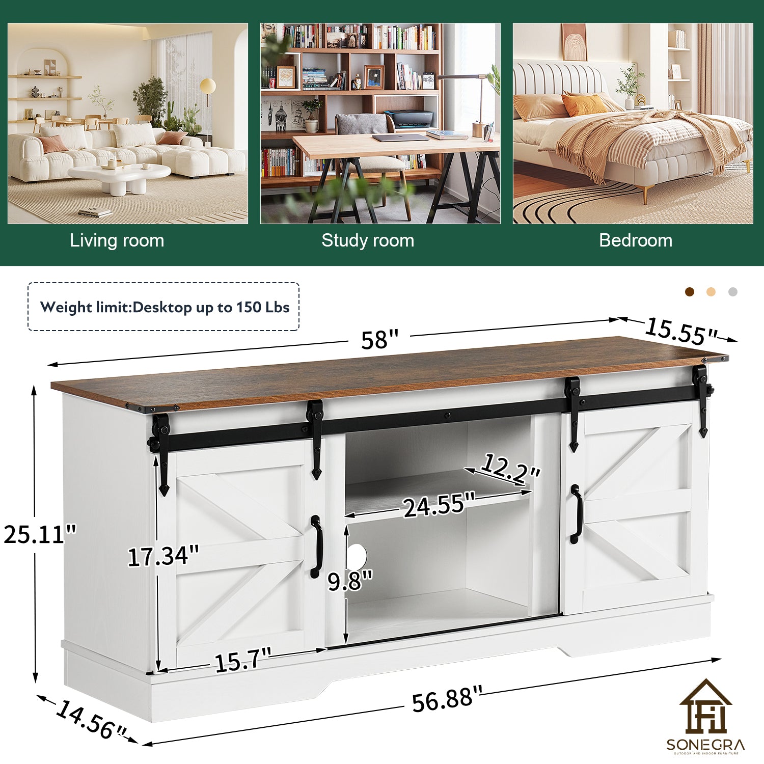 58" Farmhouse TV Stand for TVs up to 65", Sliding Track Doors and Thickened Base, White