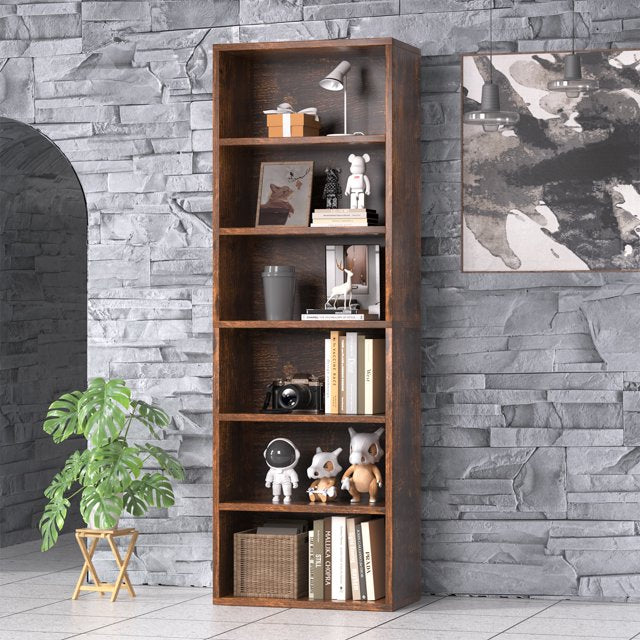 6 Tier Freestanding Bookcase, Modern Wooden Storage Book Shelf for Home Office and Bedroom, Brown