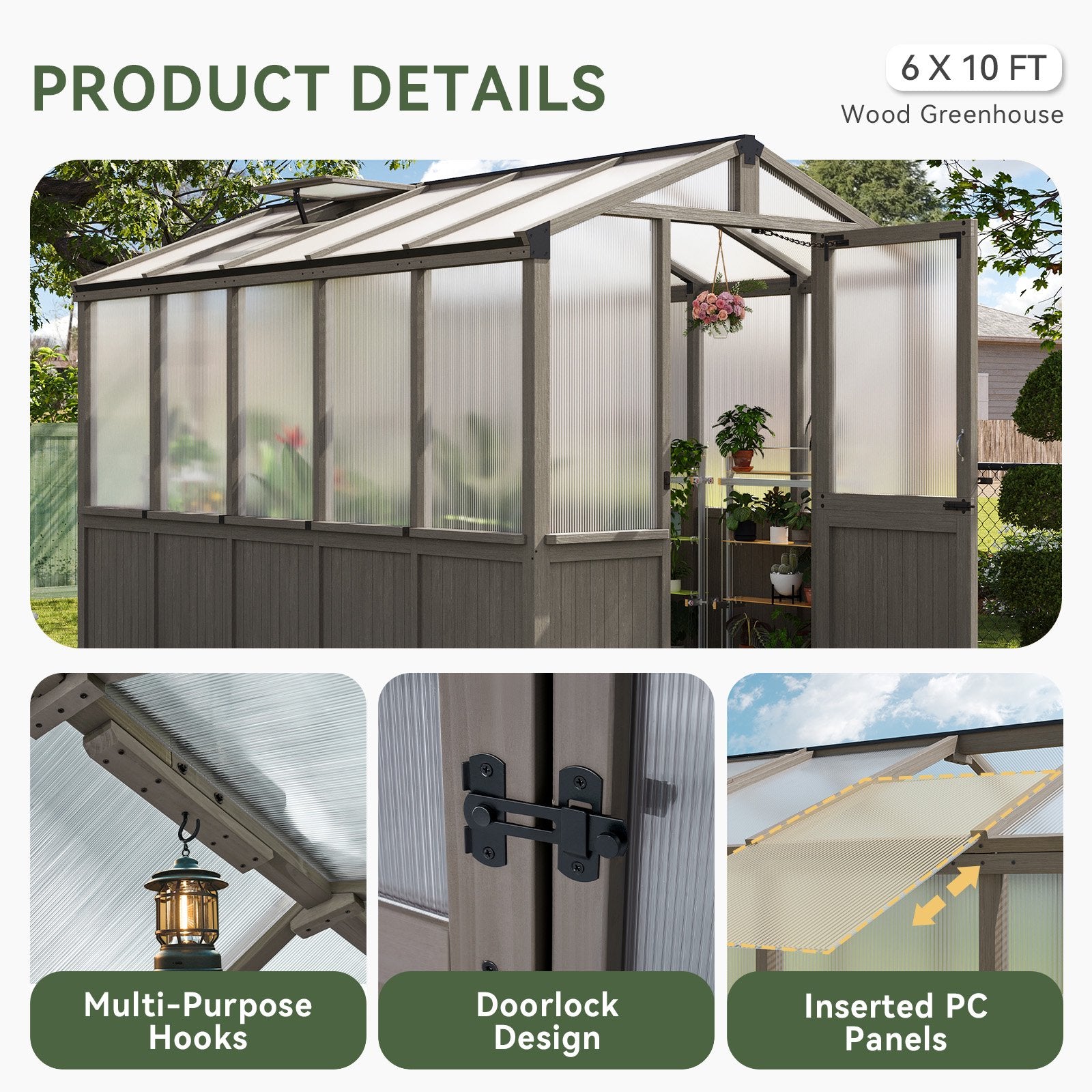 AOXUN 6' x 10' Outdoor Cedar Wood Greenhouse, Walk-in Greenhouse with Adjustable Roof Vent and Lockable Door