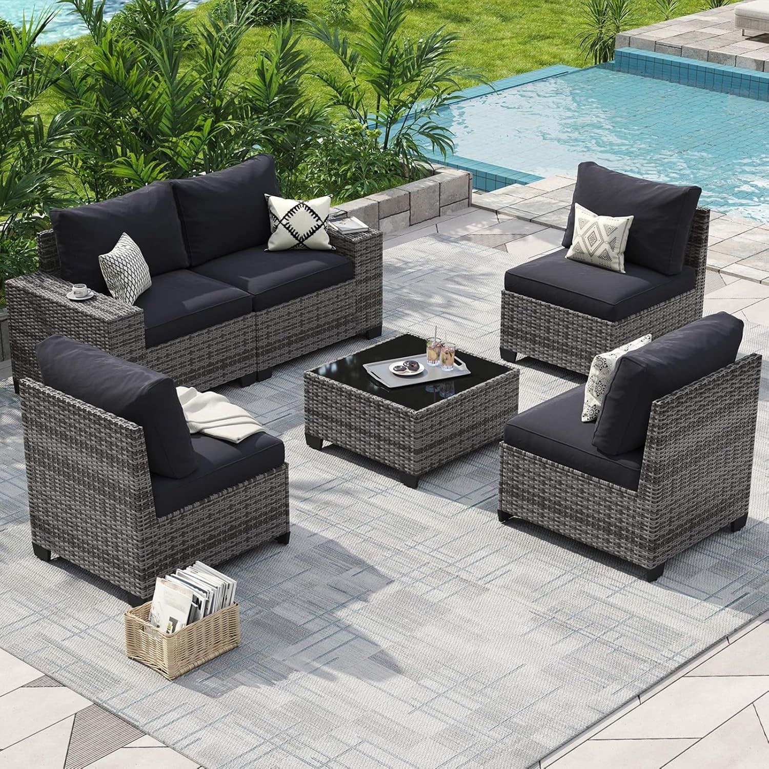 Aoxun Patio Furniture Set, 6 Pcs Outdoor Patio Furniture Sets with 4in Thicken Cushion, Widen Armrests Wicker Outdoor Sectional for Backyard (Waterproof Cover Include)