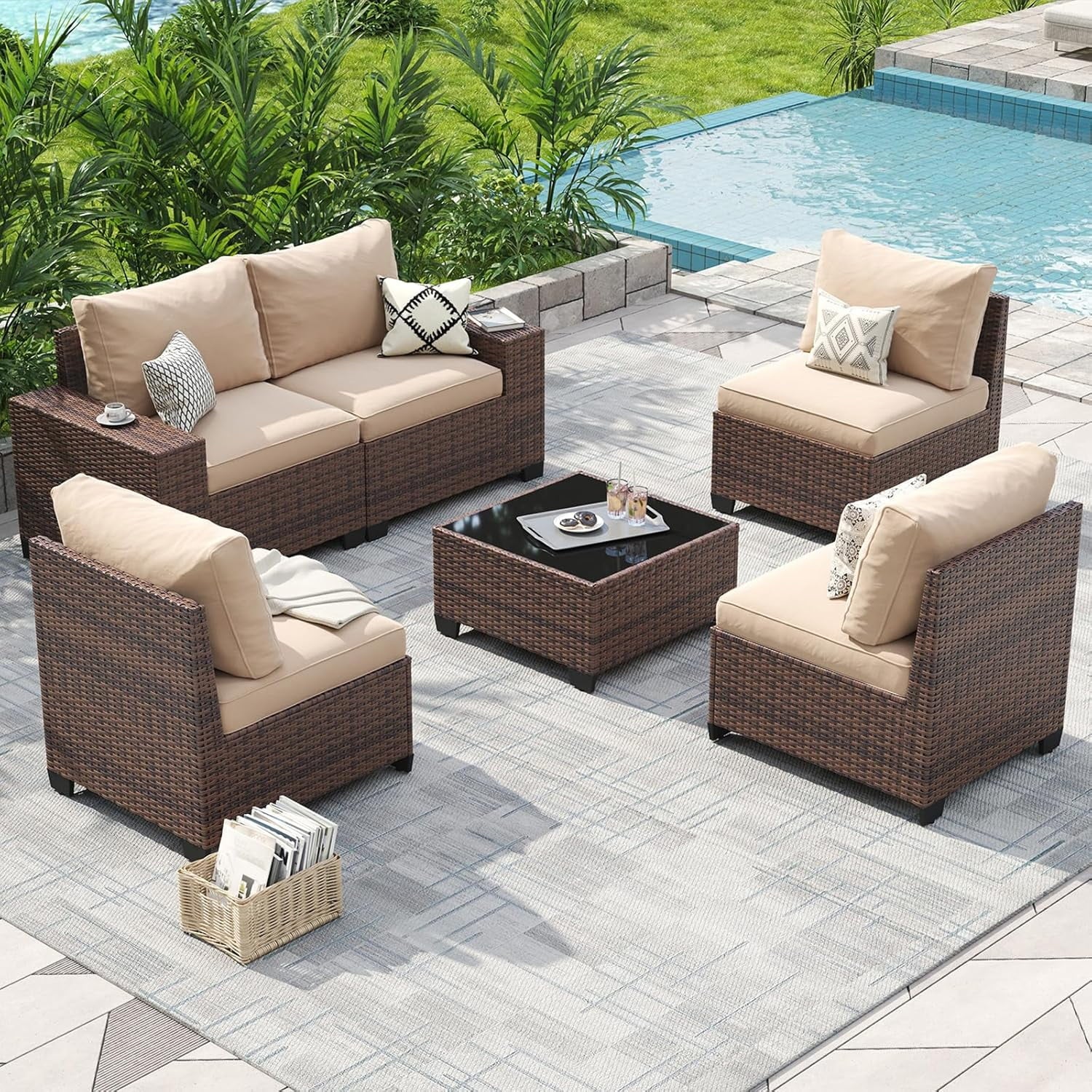Aoxun Patio Furniture Set, 6 Pcs Outdoor Patio Furniture Sets with 4in Thicken Cushion, Widen Armrests Wicker Outdoor Sectional for Backyard (Waterproof Cover Include)