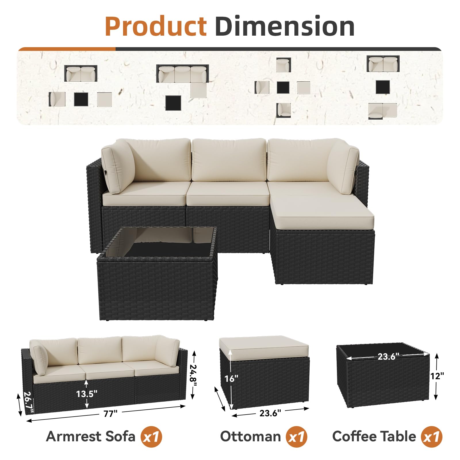 Aoxun Patio Furniture Set 5-Piece, Outdoor Sectional Sofas with Washable Cushion, Wicker Rattan Patio Conversation Sets for Backyard Porch and Poolside
