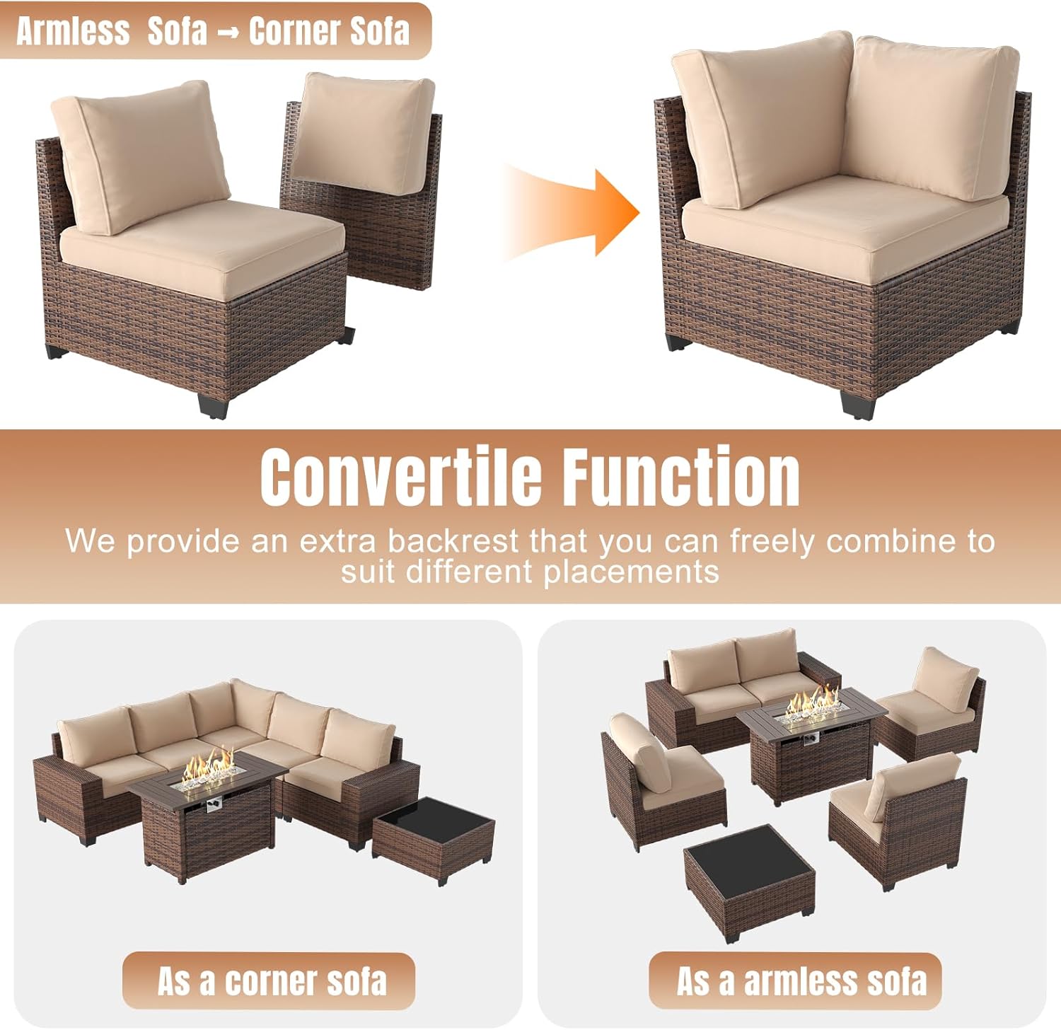 Patio Wicker Sofa Sets with Umbrella / Fire Pit