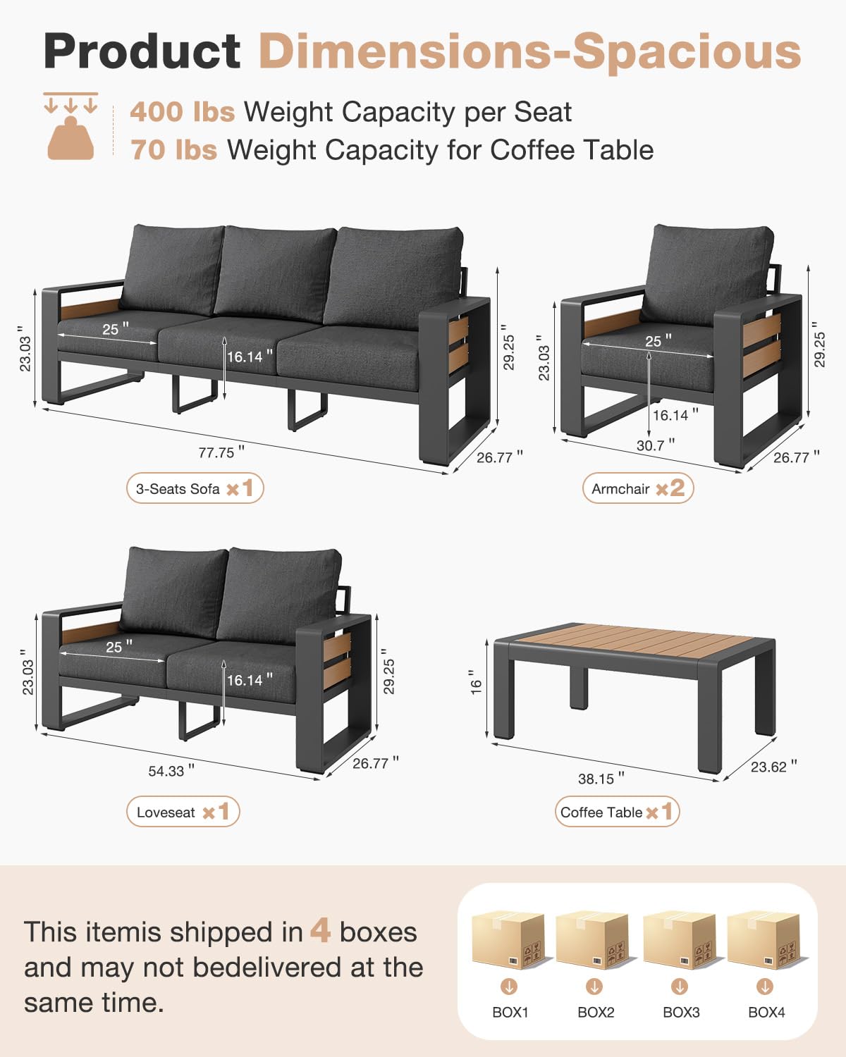 Aoxun Aluminum Patio Furniture Set, 5 Piece Luxury Outdoor Sectional with 6" Olefin Fabric Cushions, Patio Conversation Sets with Coffee Table and Waterproof Cover for Backyard, Porch Dark Grey