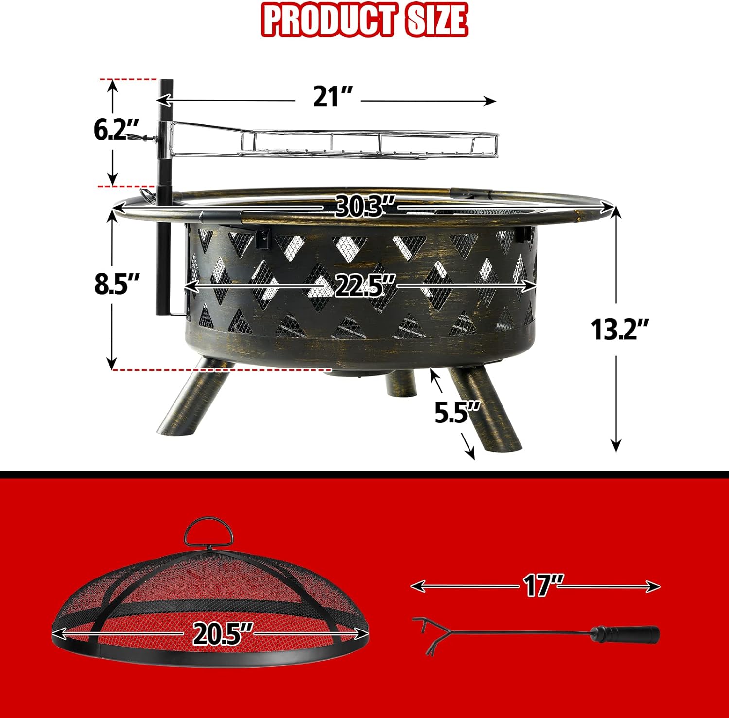 Fire Pit with Cooking Grate Grill, Outdoor Wood Burning Fire Pit with Cover & Fire Poker