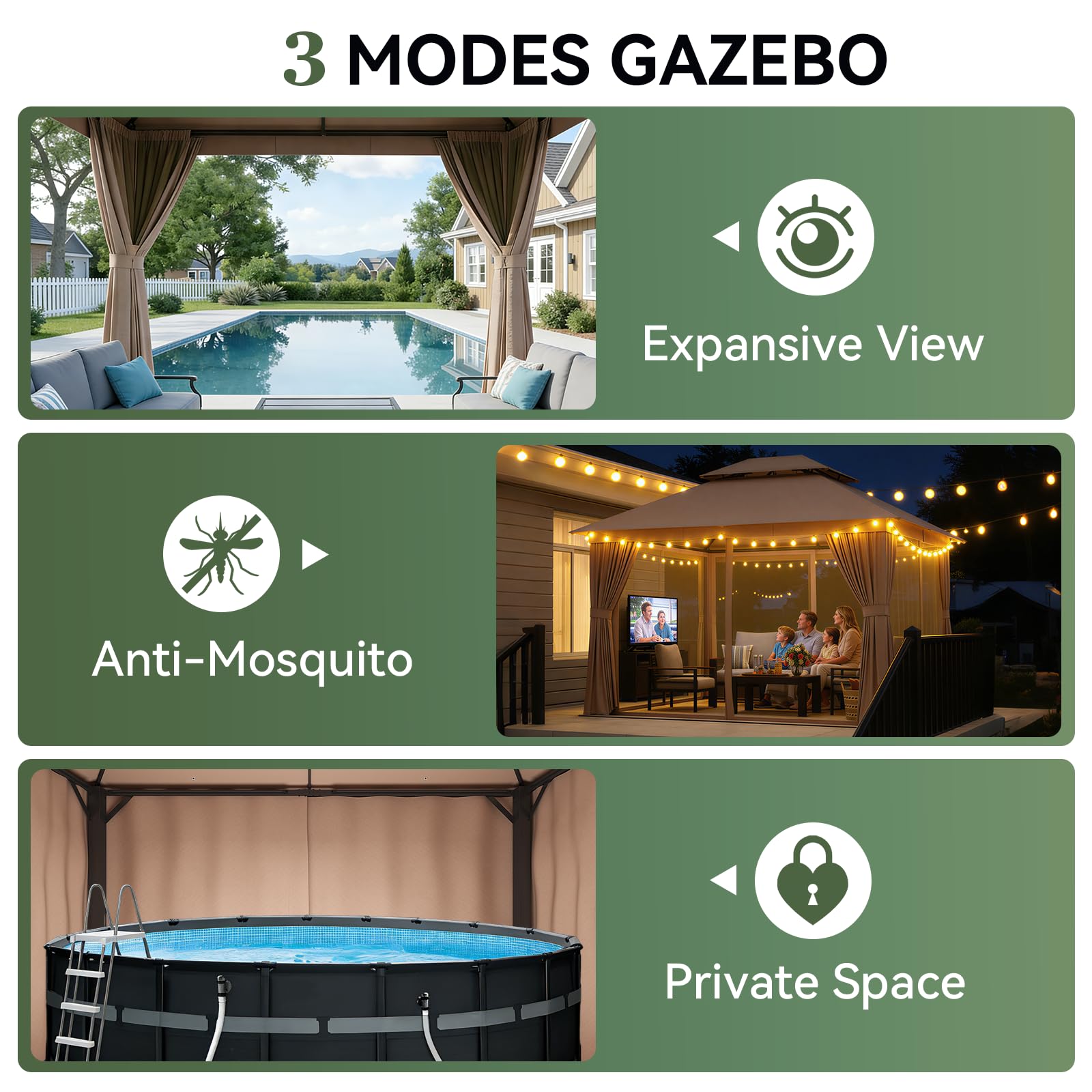 Aoxun Outdoor Gazebo for Patio 10x12 Metal Frame Canopy with Double Roofs Heavy Duty Party Tent and Shelter with Mosquito Netting and Privacy Screen for Backyard, Lawn, Garden, Deck (Khaki)