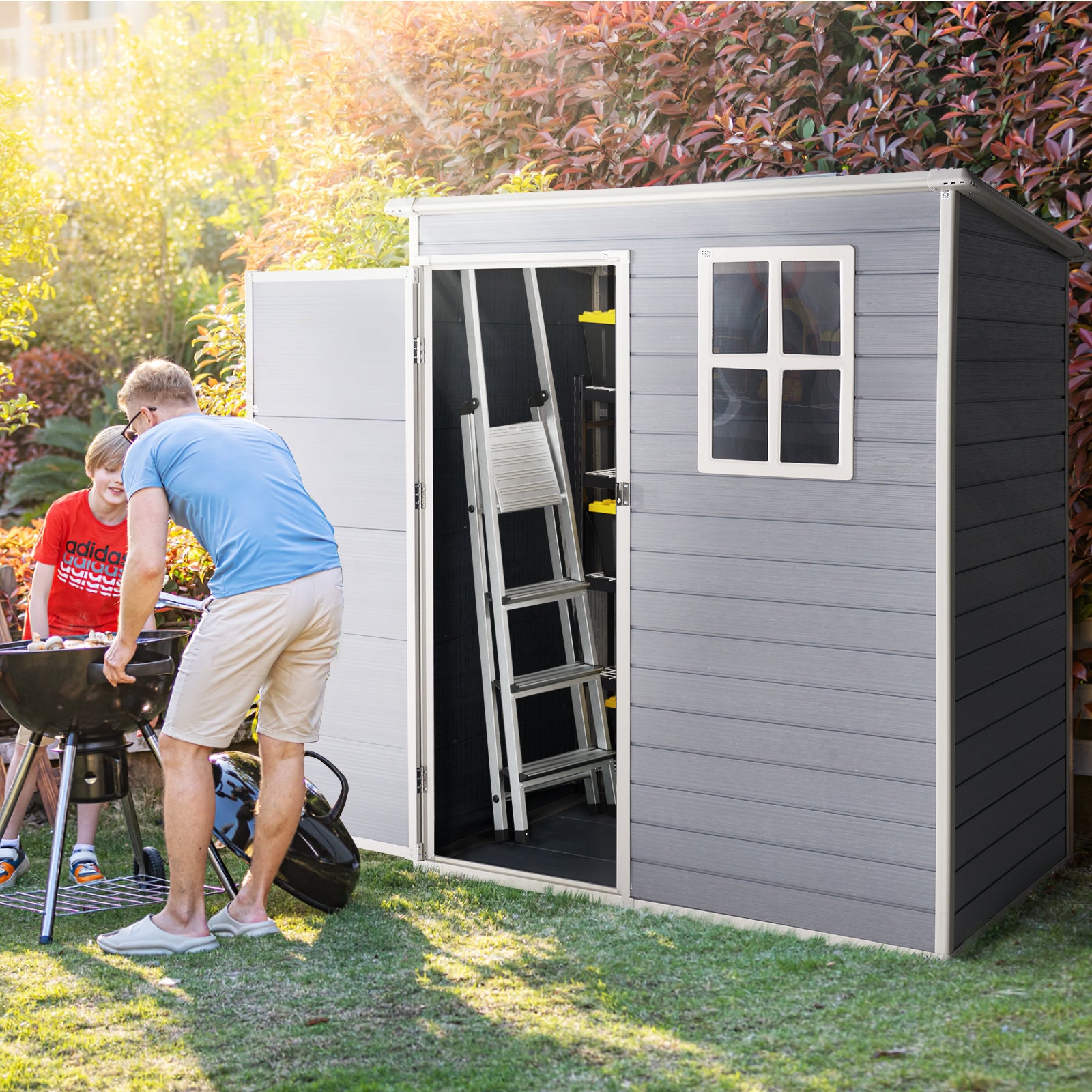 5' X 3' Resin Outdoor Shed with Base Frame, Plastic Shed with Window and Lockable Door, for Garden, Ptaio, Backyard, Gray