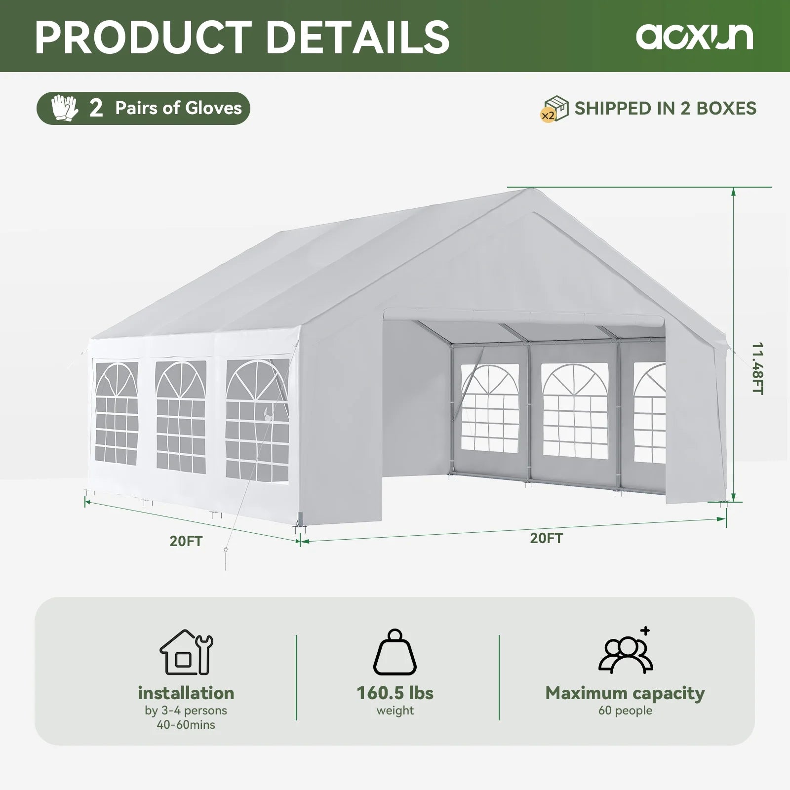 Aoxun Wedding & Event Tent, 20x20 FT White Canopy with Removable Sidewalls, Waterproof Party Tent for Outdoor Gatherings, BBQ, Birthday, Camping