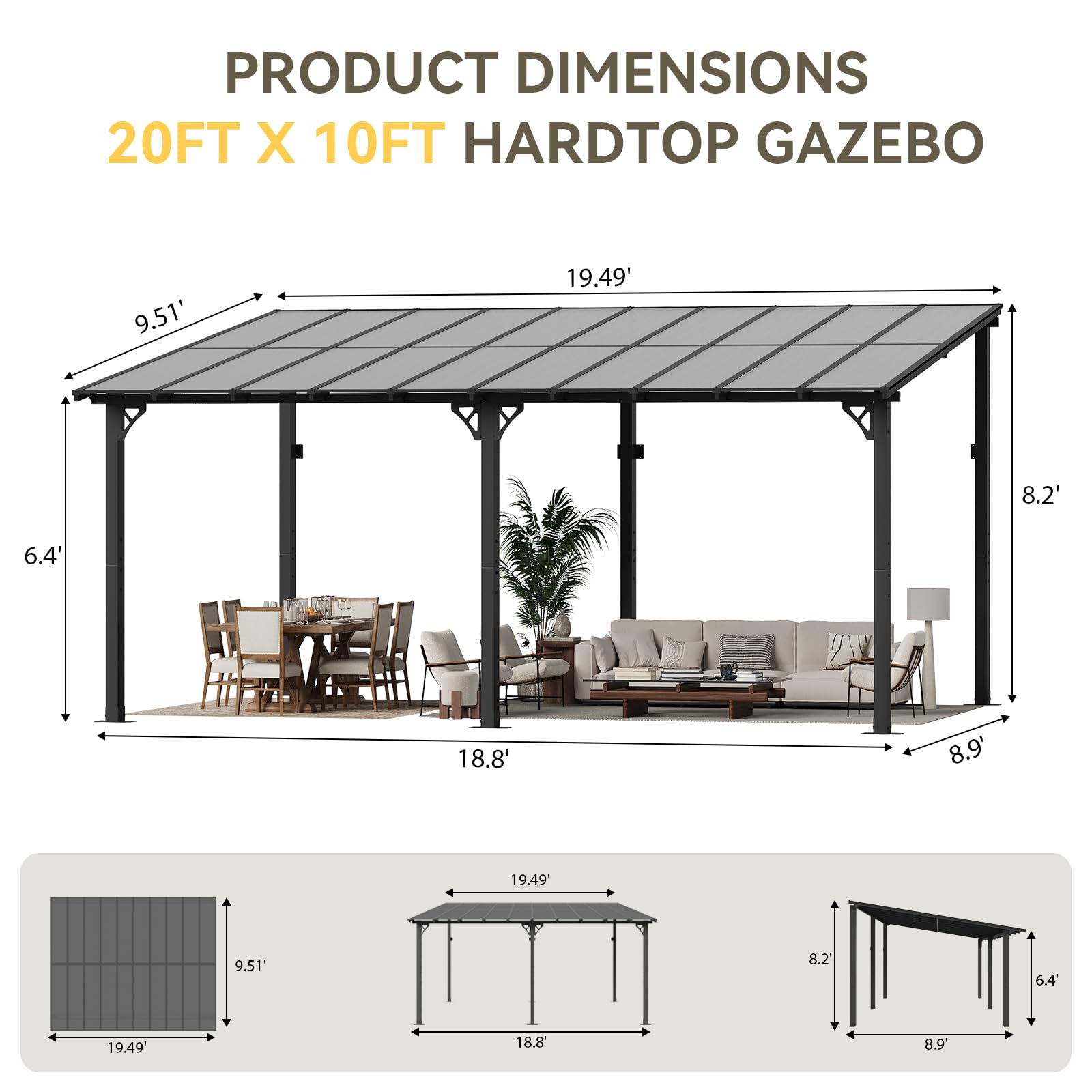 Aoxun 14' x 10' Gazebo for Patio, Lean to Gazebo Pergola with Sloped Roof, Large Wall-Mounted Heavy Duty Awnings, for Backyard, Deck, Patio