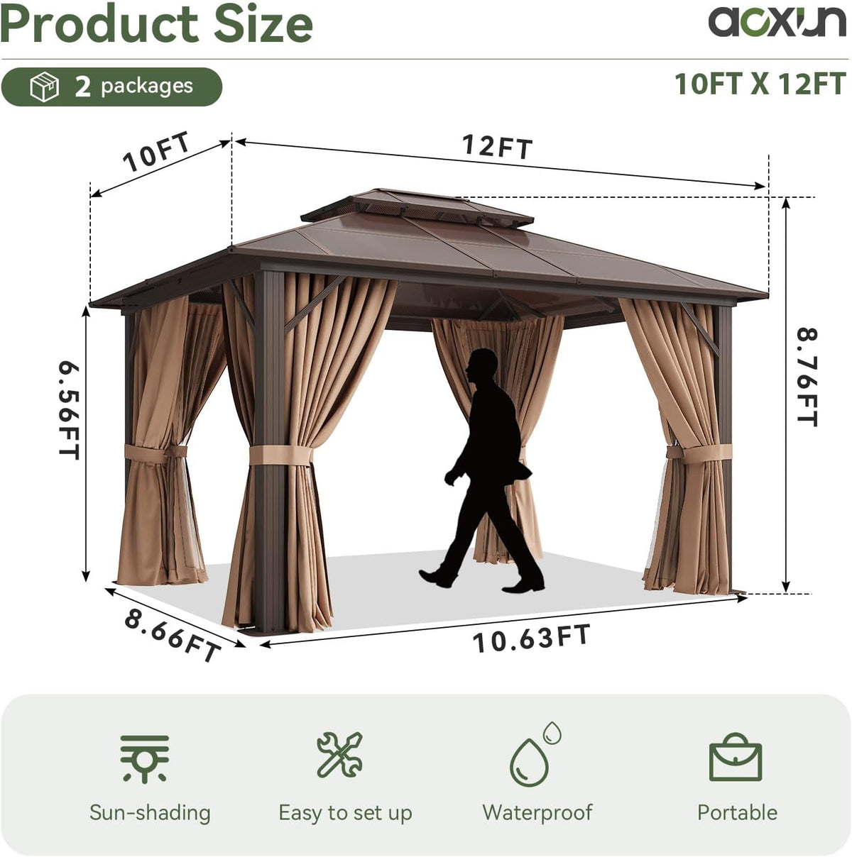 Aoxun 12' x 10' Polycarbonate Hardtop Gazebo, Brown