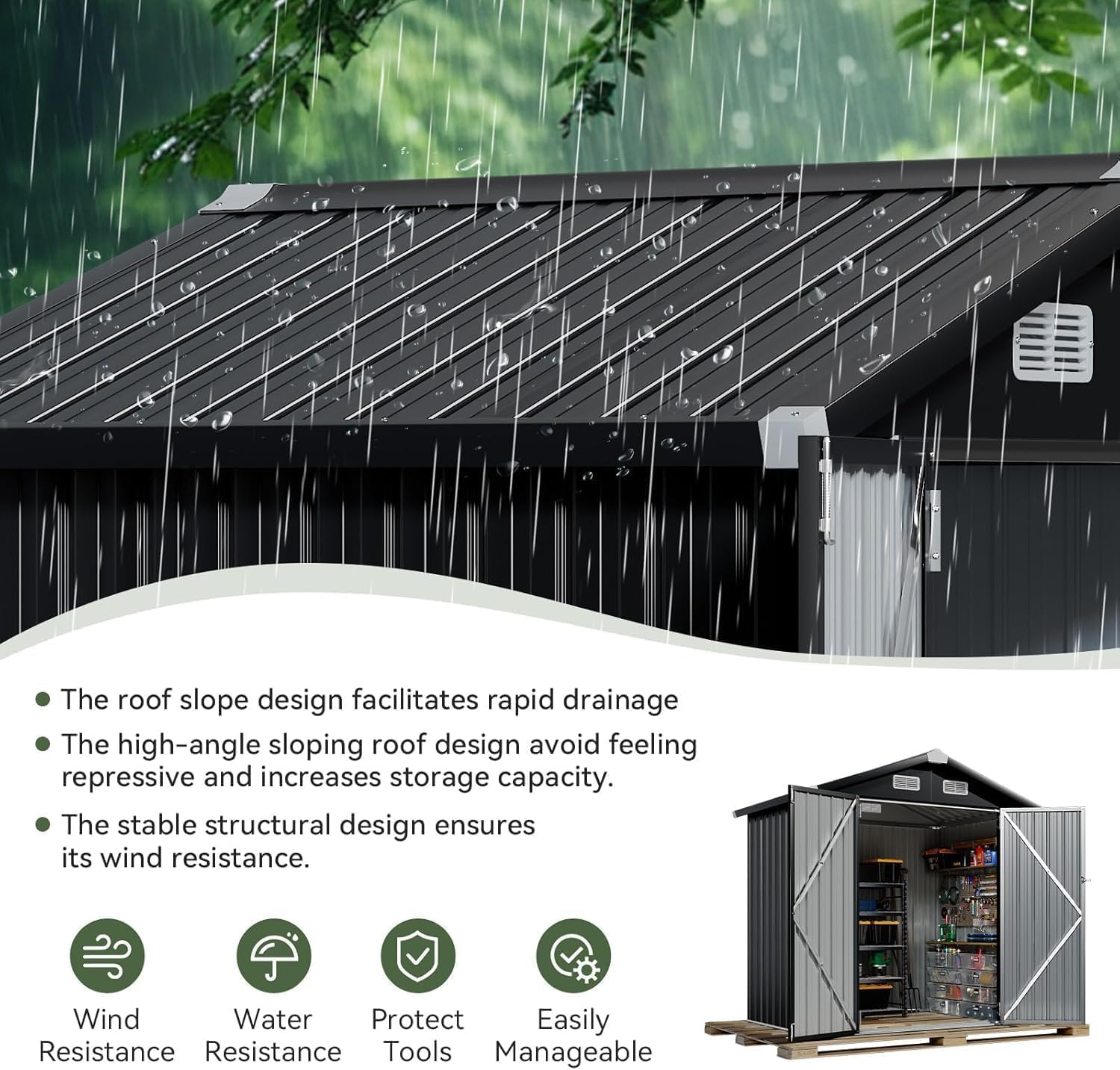 Aoxun 6' x 4' Outdoor Metal Storage Shed with Galvanized Steel Base, Heavy-Duty Garden Tool Shed for Patio, Lawn, and Garden, Black