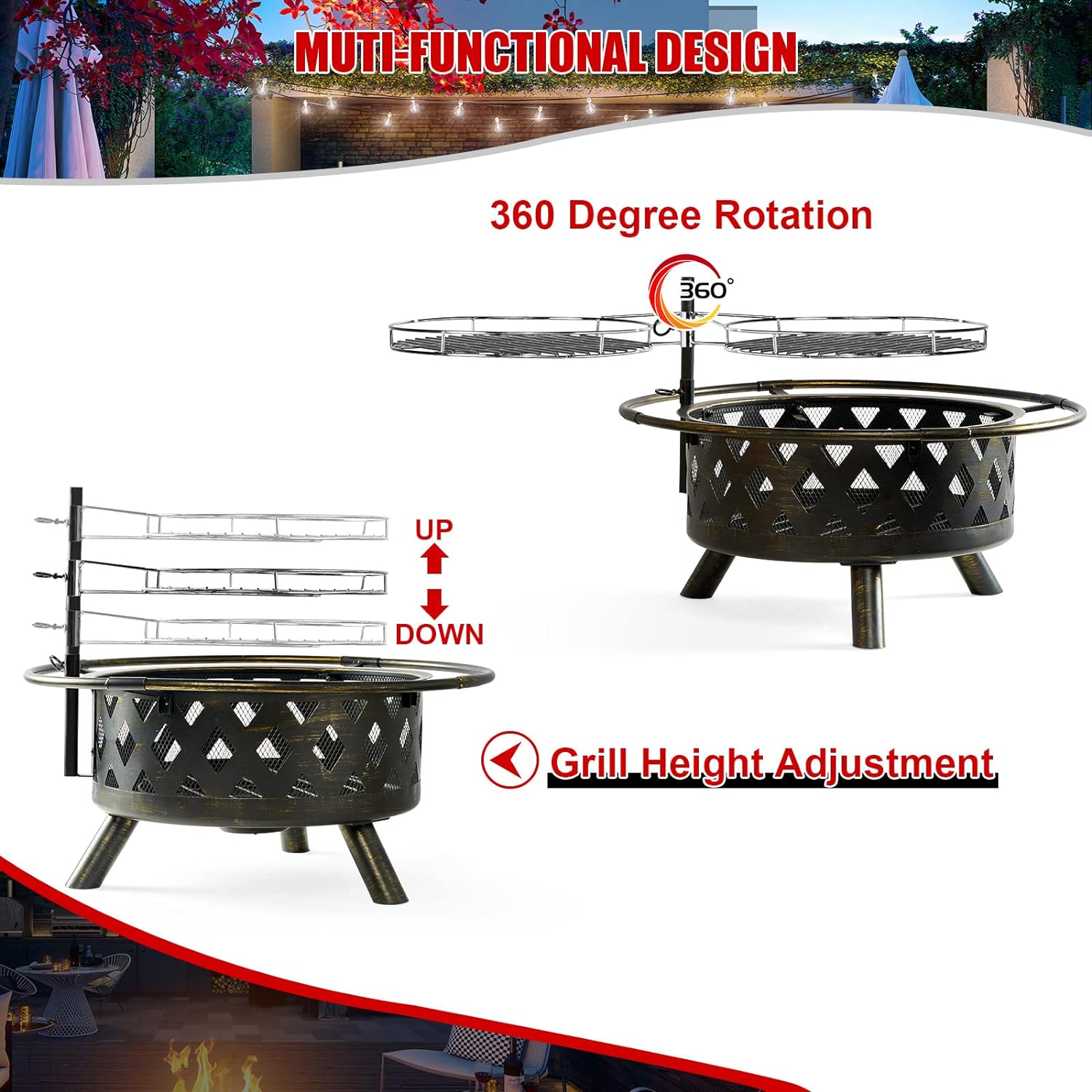 Fire Pit with Cooking Grate Grill, Outdoor Wood Burning Fire Pit with Cover & Fire Poker