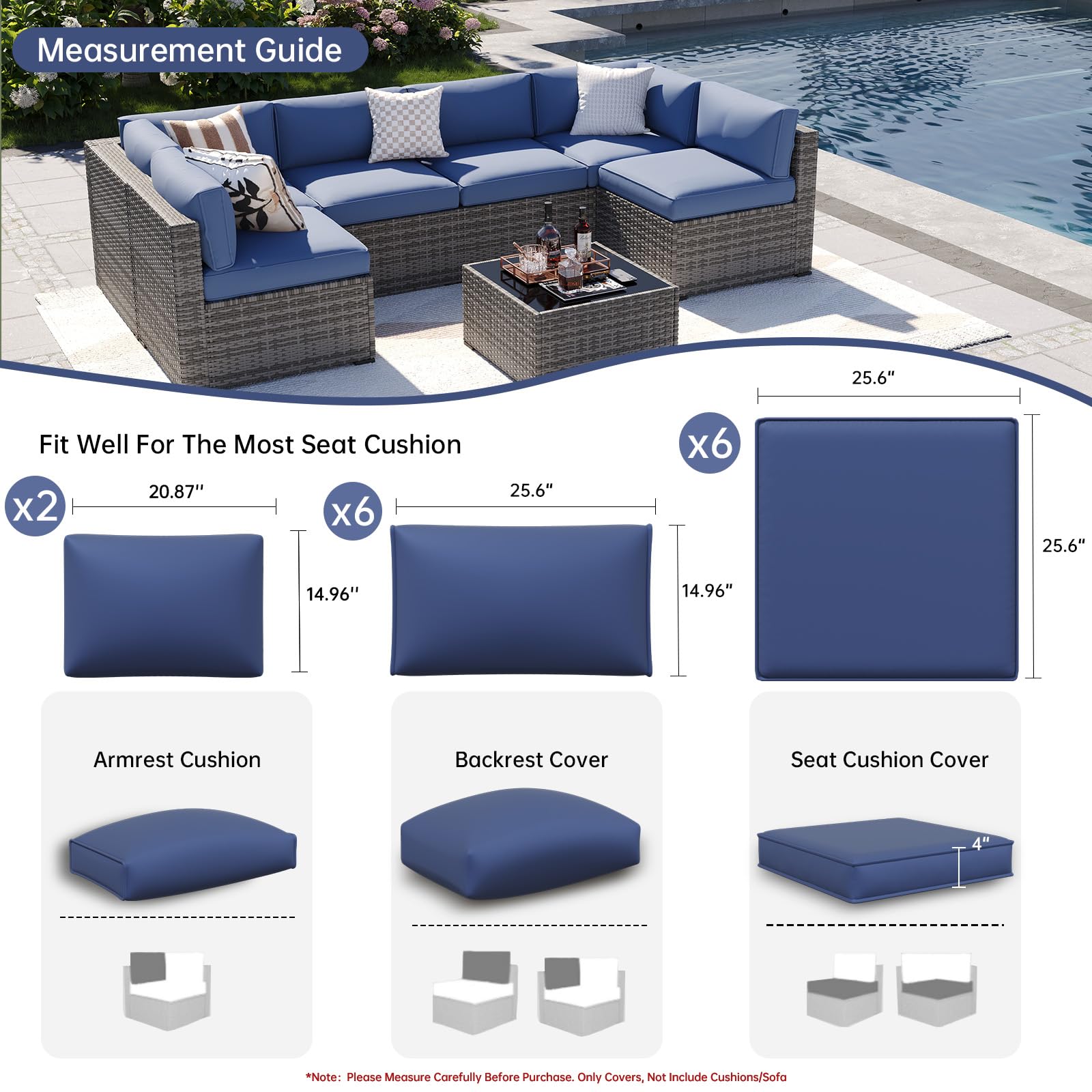 Aoxun 14pcs Patio Cushion Covers Replacement, Waterproof Outdoor Furniture Cushion Covers with Zipper and Non-Slip Bottom, Patio Sofa Couch 3 Sizes for Patio Sectional, Covers Only (Navy)