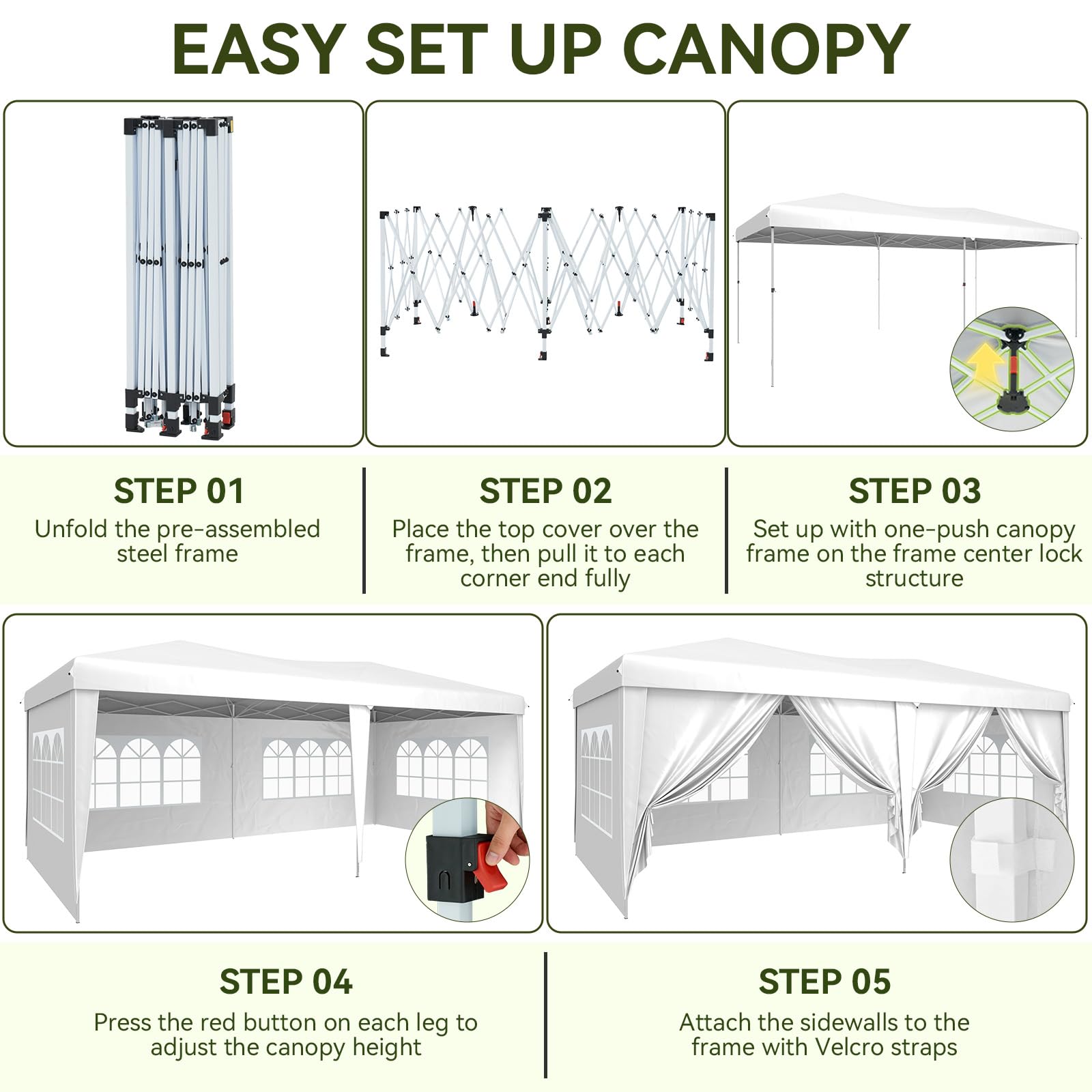 Aoxun 10x20 Pop Up Canopy Tent with 6 Removable Sidewalls, One Push Party Tent Waterproof Outdoor Canopy with 3 Adjustable Height, Portable Tents for Parties, Wedding, Commercial, Market