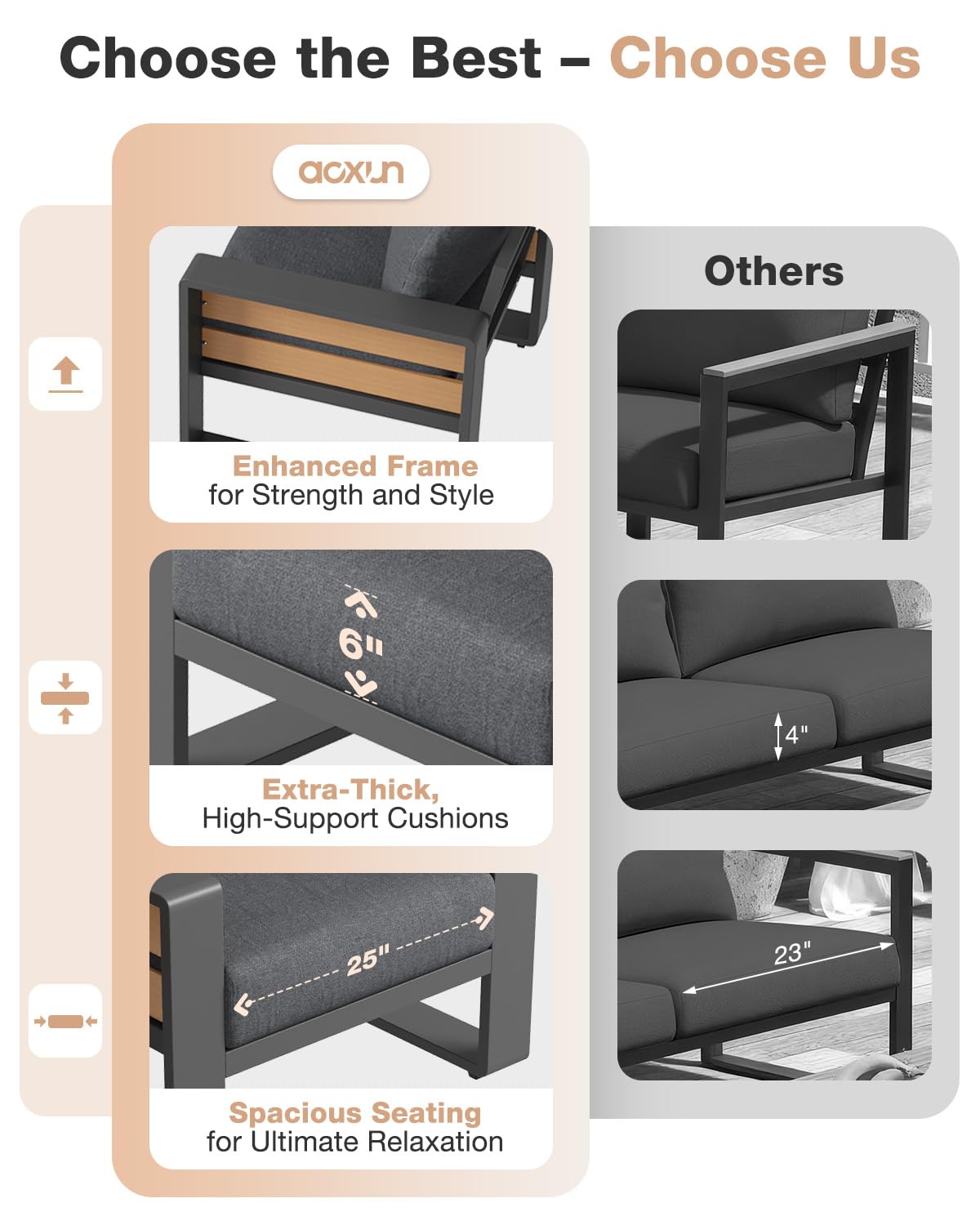 Aoxun Aluminum Patio Furniture Set, 5 Piece Luxury Outdoor Sectional with 6" Olefin Fabric Cushions, Patio Conversation Sets with Coffee Table and Waterproof Cover for Backyard, Porch Dark Grey