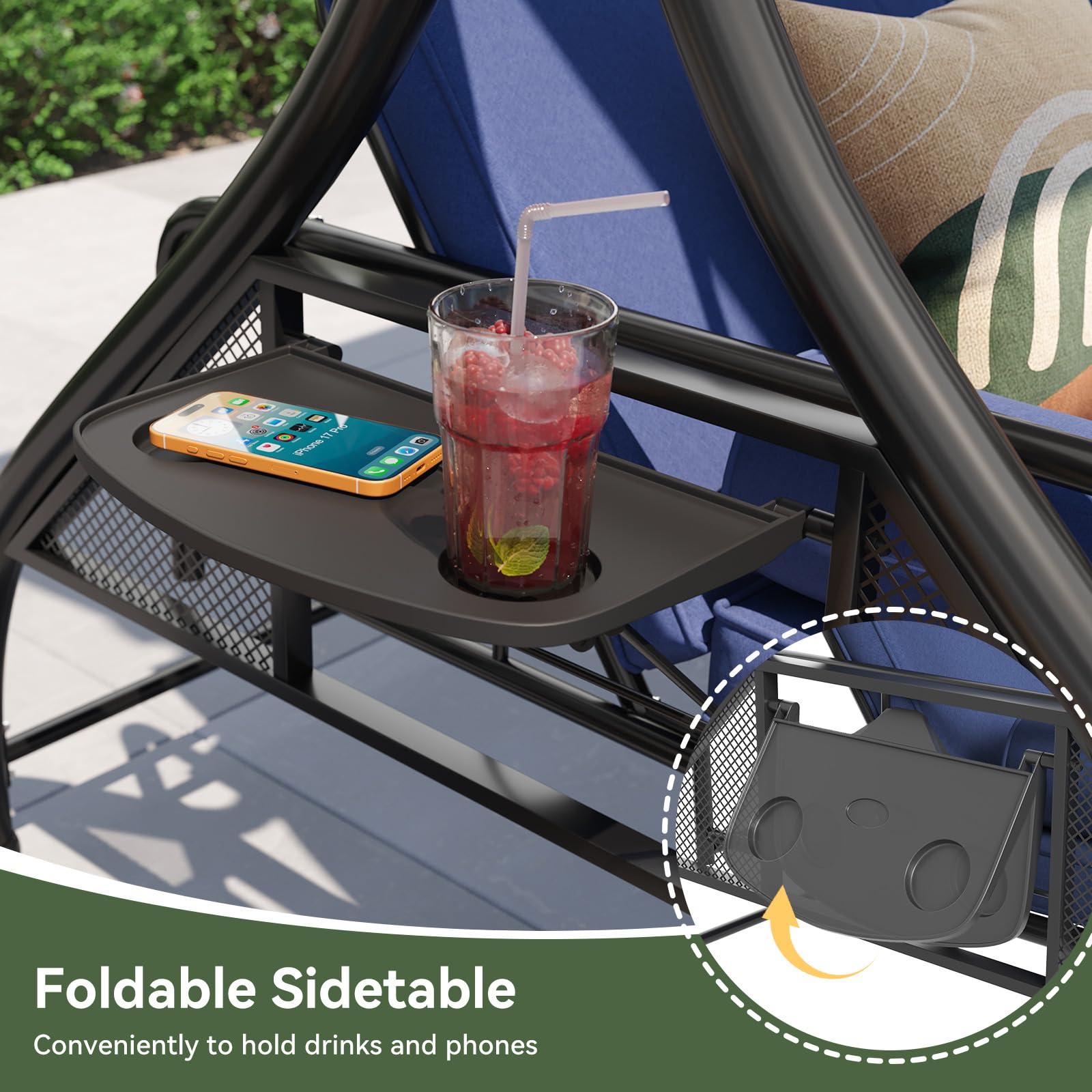 Aoxun Outdoor Porch Swing with Stand and Canopy, 3 Seats Outdoor Swings for Adults, Convertible 2 in 1 Swing Bed with Cup Holder, Patio Swings with Thicken Cushions for Garden, Yard & Balcony, Blue