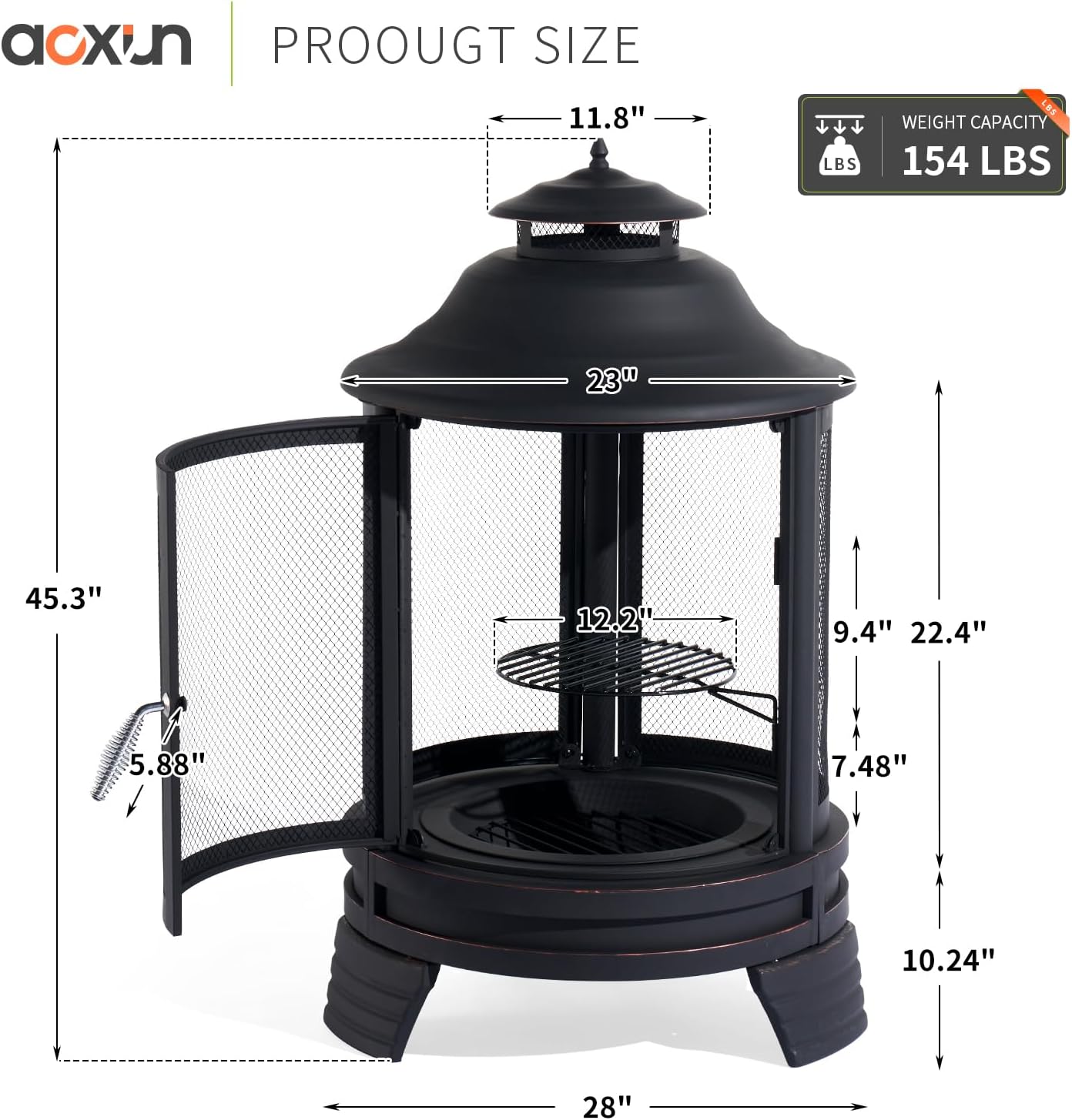 Pagoda-style Chiminea Fire Pit with Grill, Removable Grate and Mesh Spark Screen Doors, Outdoor Wood Burning Fire Pit