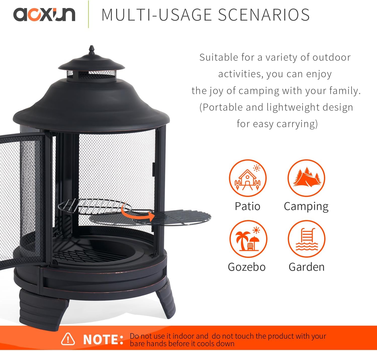 Pagoda-style Chiminea Fire Pit with Grill, Removable Grate and Mesh Spark Screen Doors, Outdoor Wood Burning Fire Pit