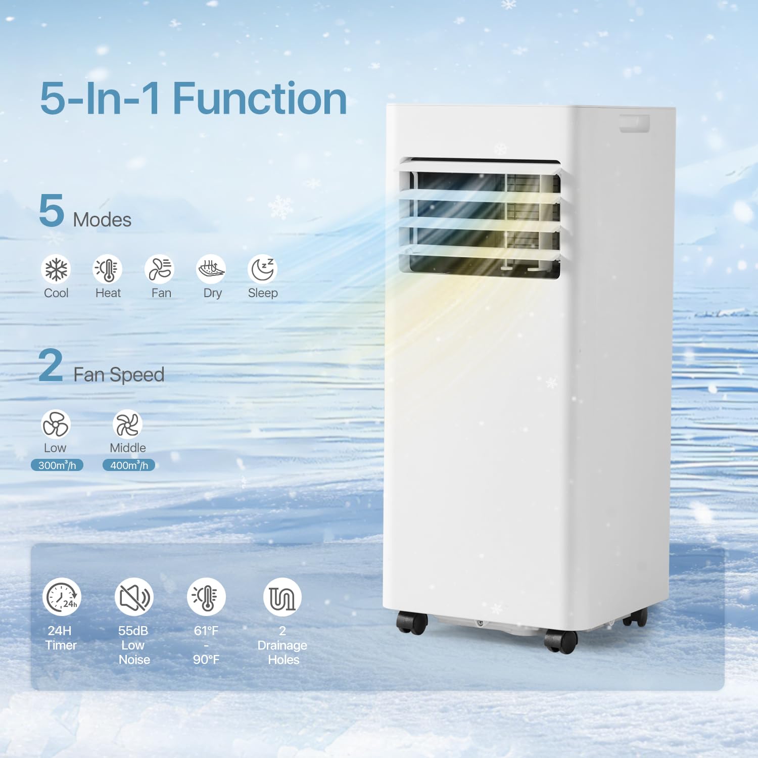 Aoxun 10000BTU Portable Air Conditioner with Heater, 5-in-1 Portable AC Unit with Cooling & Heating, Fan & Dehumidifier up to 450 sq.ft, 24H Timer, Remote Control and Window Kit Included, White