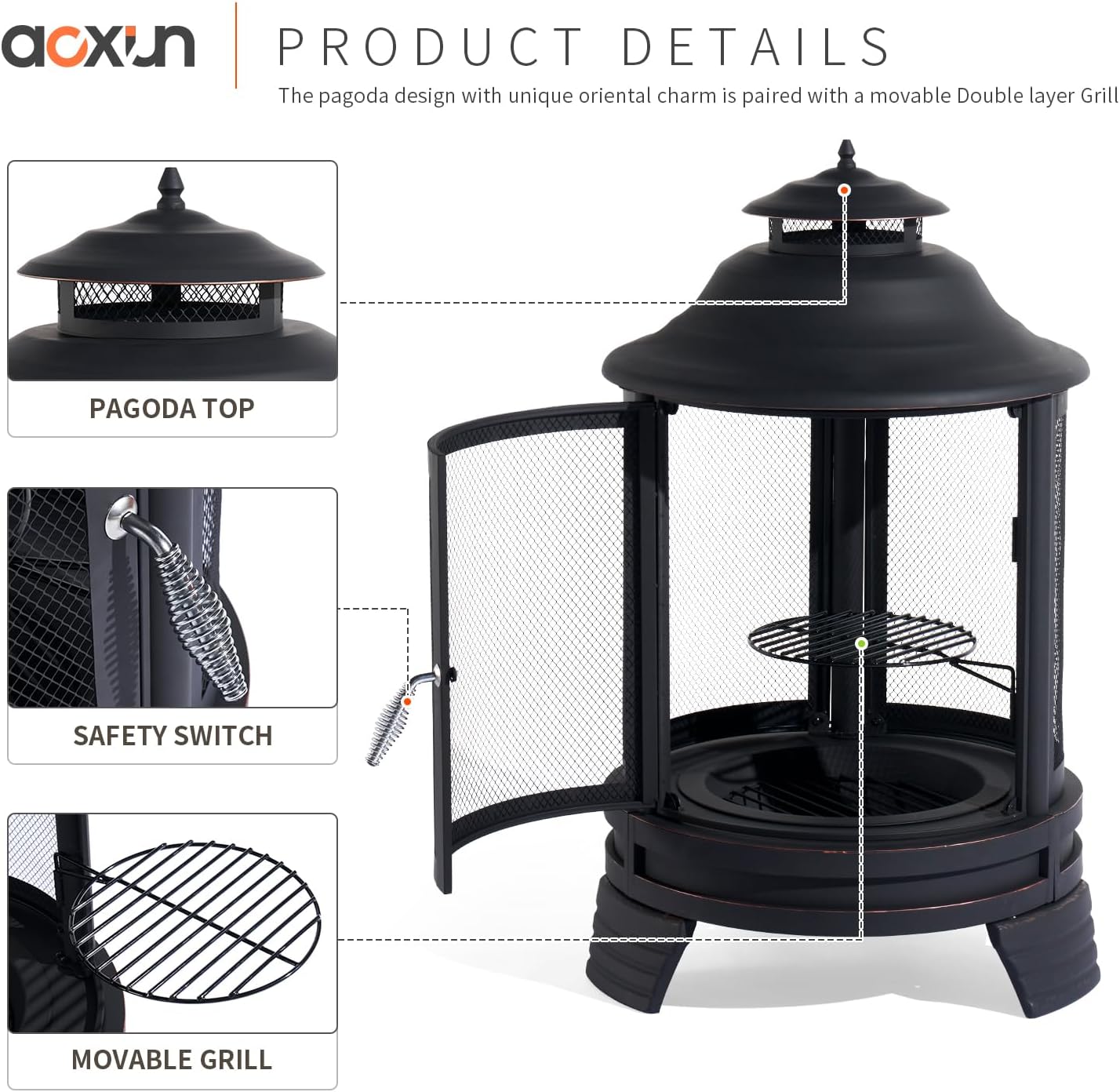 Pagoda-style Chiminea Fire Pit with Grill, Removable Grate and Mesh Spark Screen Doors, Outdoor Wood Burning Fire Pit