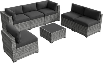 grey patio set with umbrella Aoxun Patio Furniture Set 7-Piece with Umbrella / Fire Pit