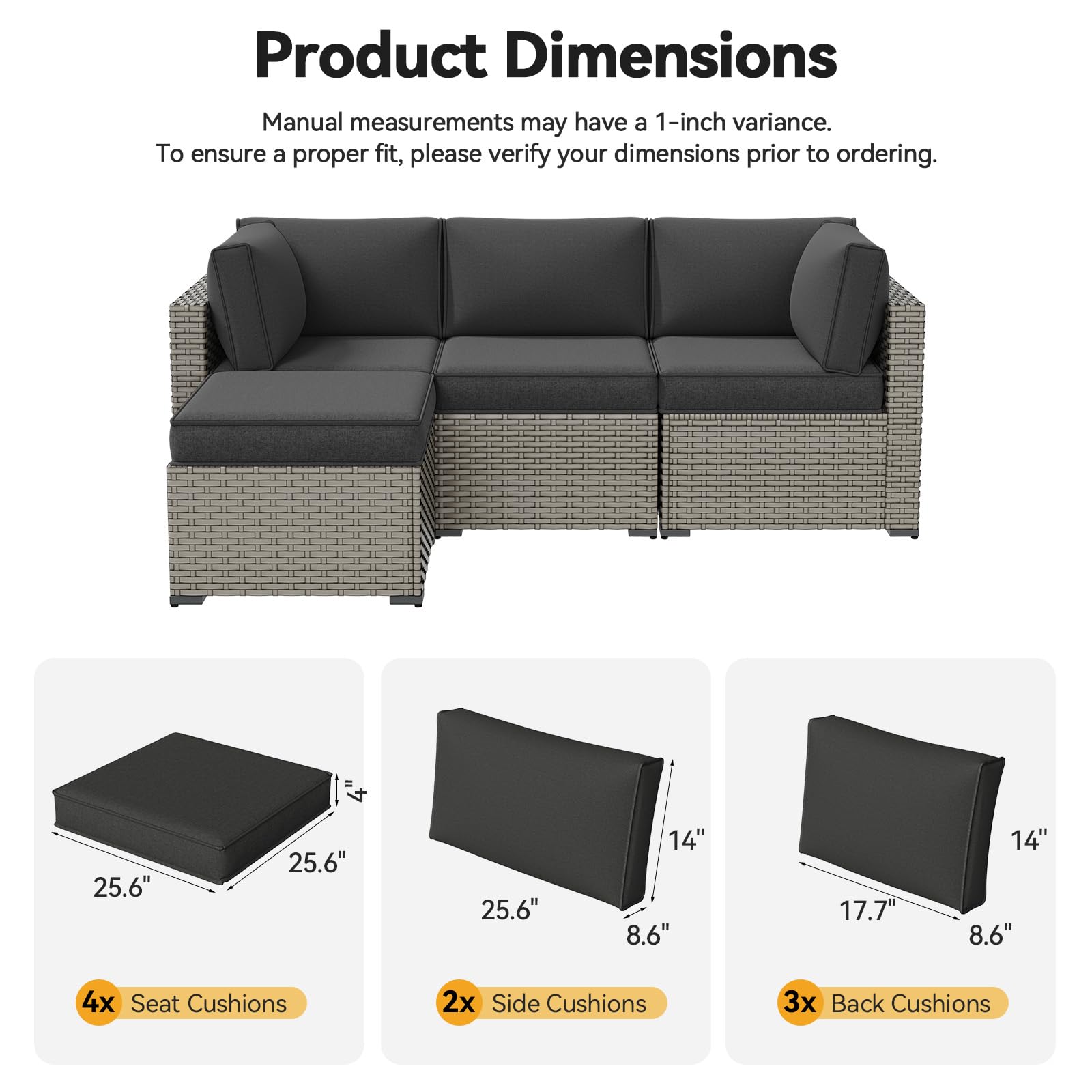 Aoxun Replacement Cushions for Outdoor Furniture, 9-Piece Outdoor Cushions for Patio Furniture, Deep Seat, Splash-Proof & Fade Resistant Couch Cushion for 4-Seat Patio Conversation Sets, Dark Grey