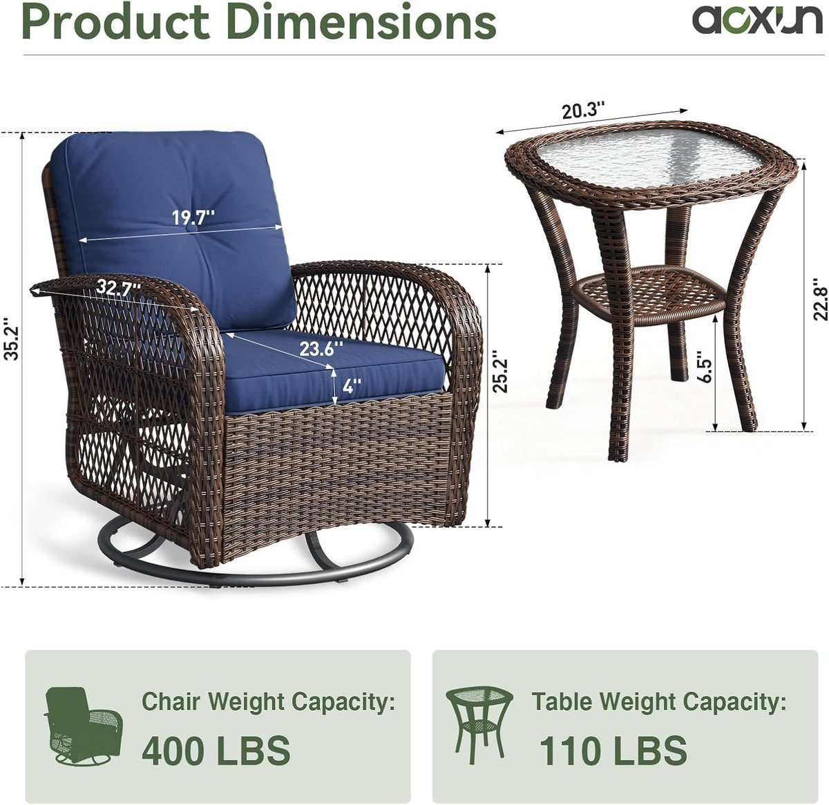 Aoxun 3-Piece Wicker Patio Bistro Set with Swivel Rocking Chairs