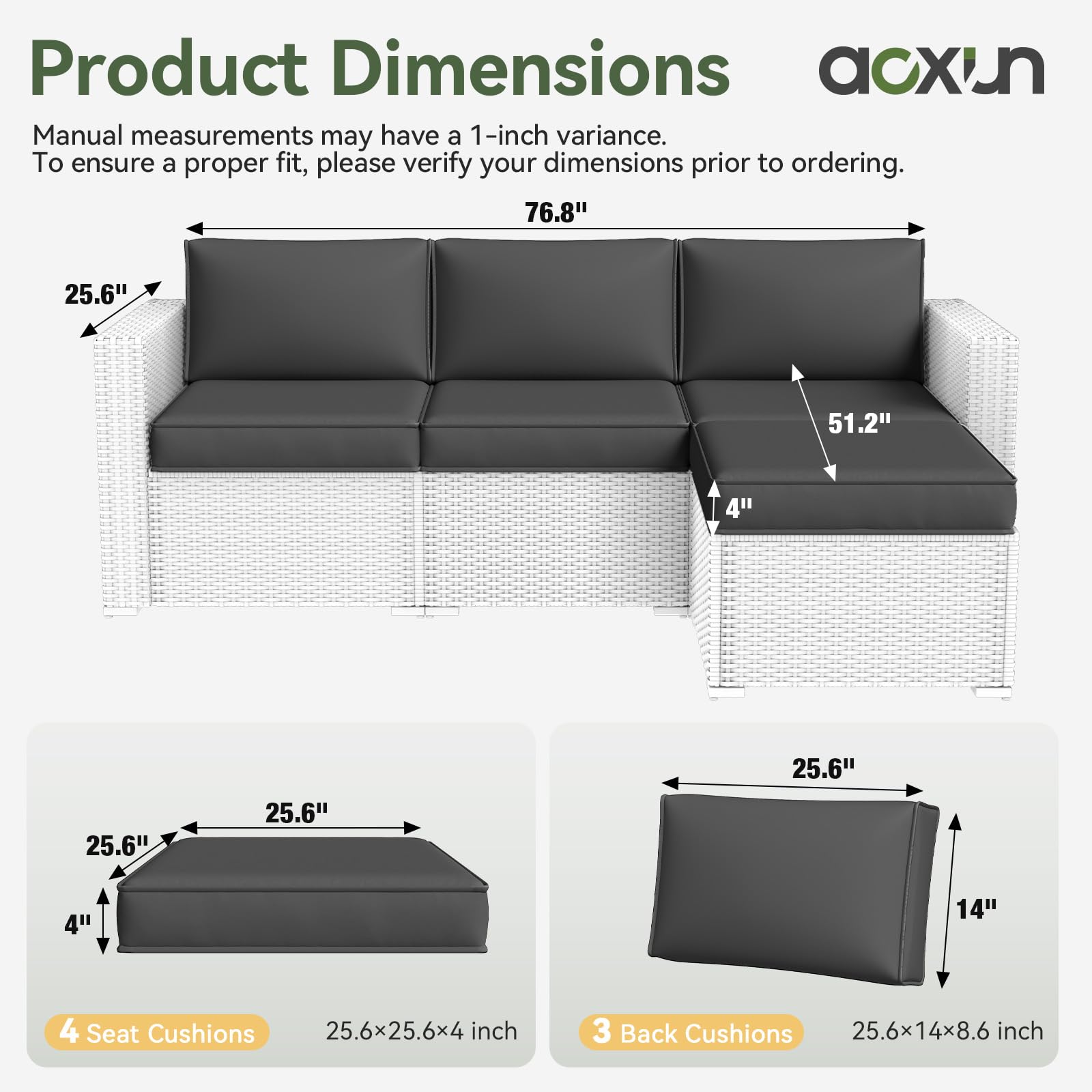 Aoxun Patio Furniture Cushions for Outdoor Furniture Set of 4, Thick Replacement Patio Couch Cushions for Outdoor Furniture, 7-Piece Splashproof Fade Resistant Outdoor Couch Cushions, Grey
