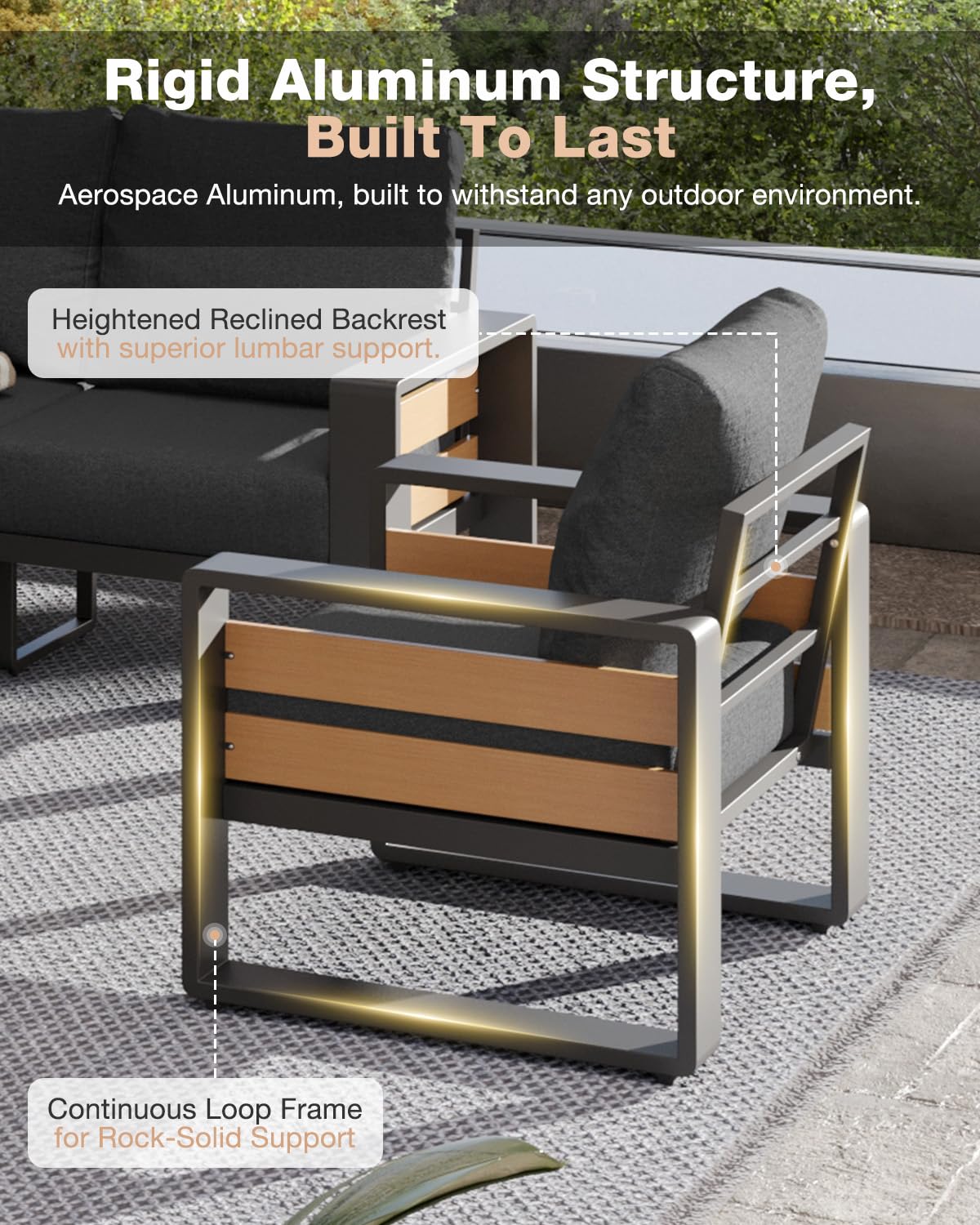 Aoxun Aluminum Patio Furniture Set, 5 Piece Luxury Outdoor Sectional with 6" Olefin Fabric Cushions, Patio Conversation Sets with Coffee Table and Waterproof Cover for Backyard, Porch Dark Grey