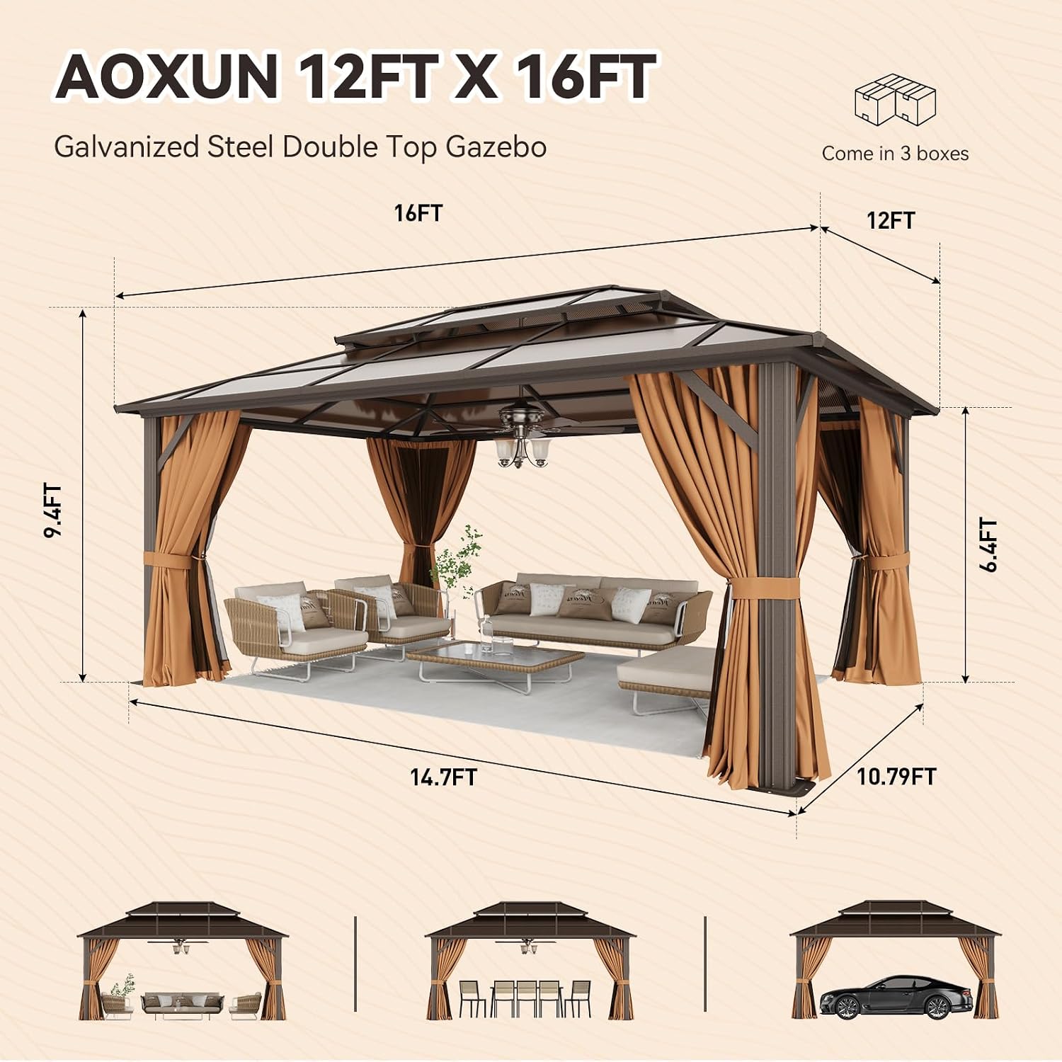 Aoxun 12' x 16' Polycarbonate Hardtop Gazebo, Brown