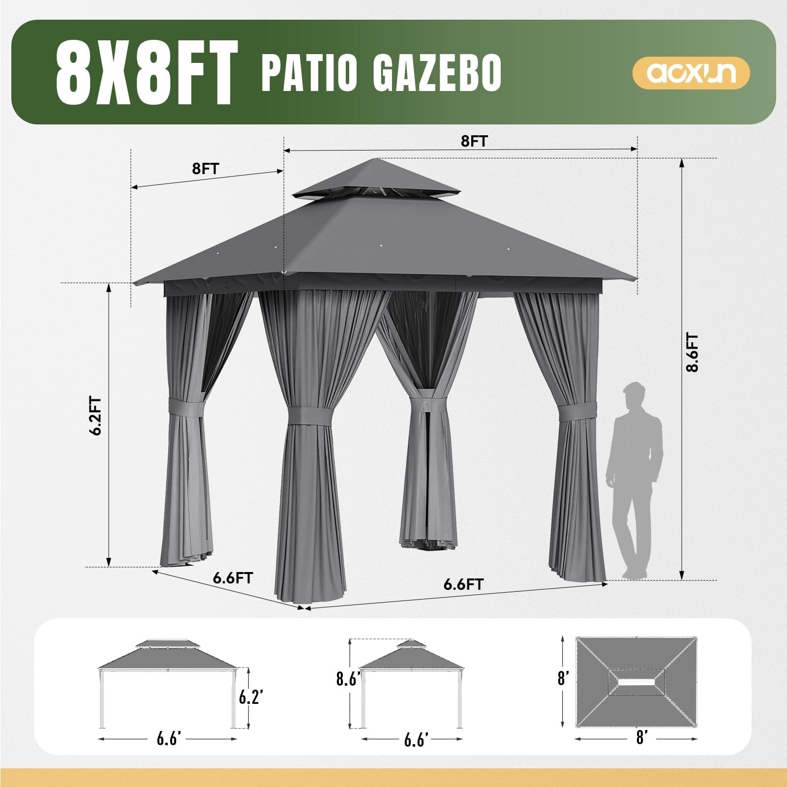Aoxun 8x8 Outdoor Gazebo for Patio, Metal Frame Canopy Gazebo Double Roof Heavy Duty Small Gazebo, Backyard Gazebo with Mosquito Netting & Privacy Screen for Garden Lawn Deck (Grey)