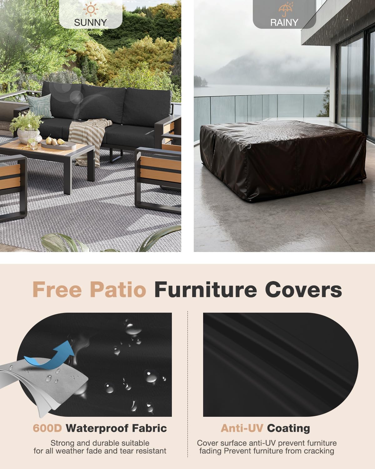 Aoxun Aluminum Patio Furniture Set, 5 Piece Luxury Outdoor Sectional with 6" Olefin Fabric Cushions, Patio Conversation Sets with Coffee Table and Waterproof Cover for Backyard, Porch Dark Grey