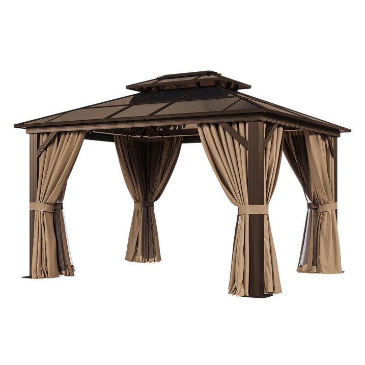 Sunmthink 10' x 12'Hardtop Gazebo,Polycarbonate Double Roof,Aluminum Frame with Curtains and Netting for Patio,Garden,Brown